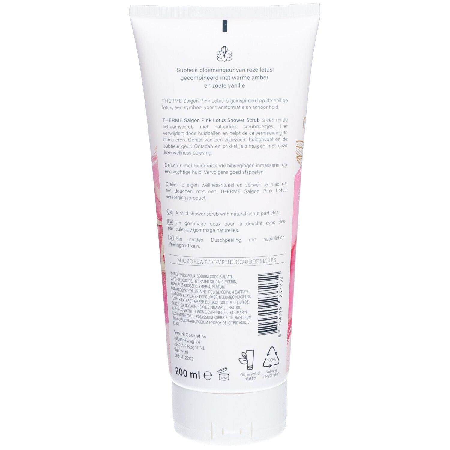 Rückseite der Tube. Text in mehreren Sprachen. Inhaltsstoffe und Recycling-Symbole. 200 ml.