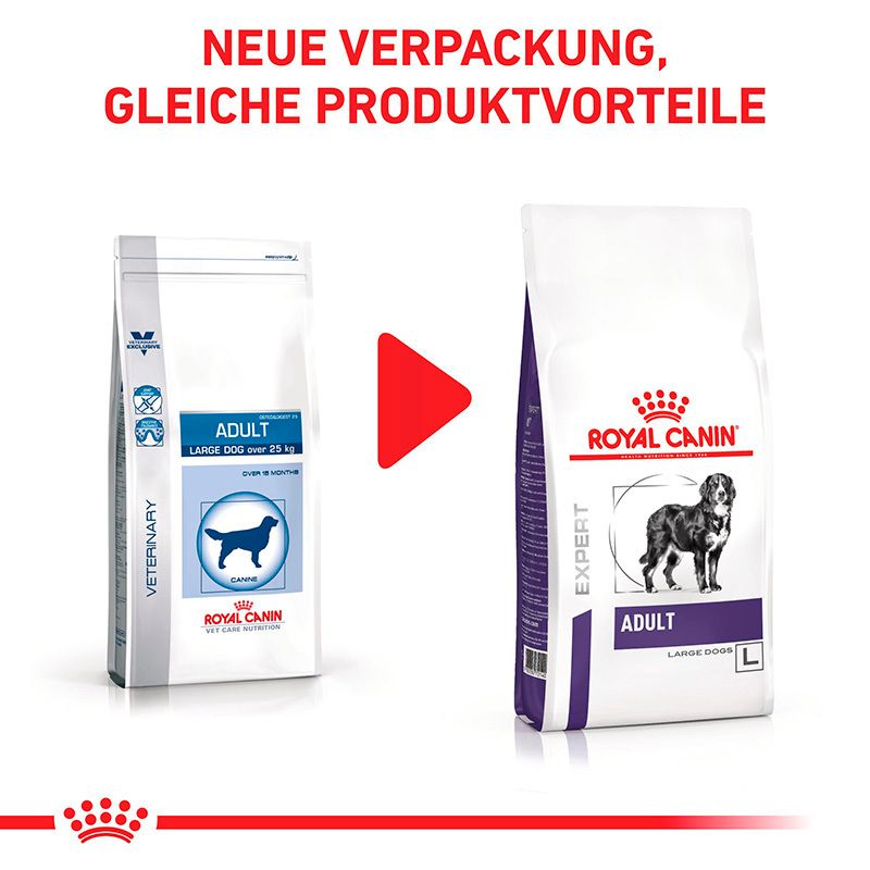 Vergleich von zwei Royal Canin Hundefutterpackungen: alte und neue Verpackung mit identischen Produktvorteilen.