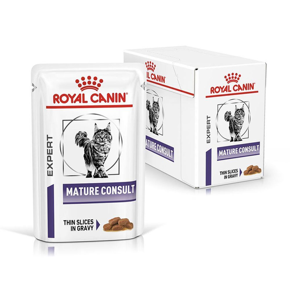 Zwei Beutel ROYAL CANIN Mature Consult Katzenfutter nebeneinander.