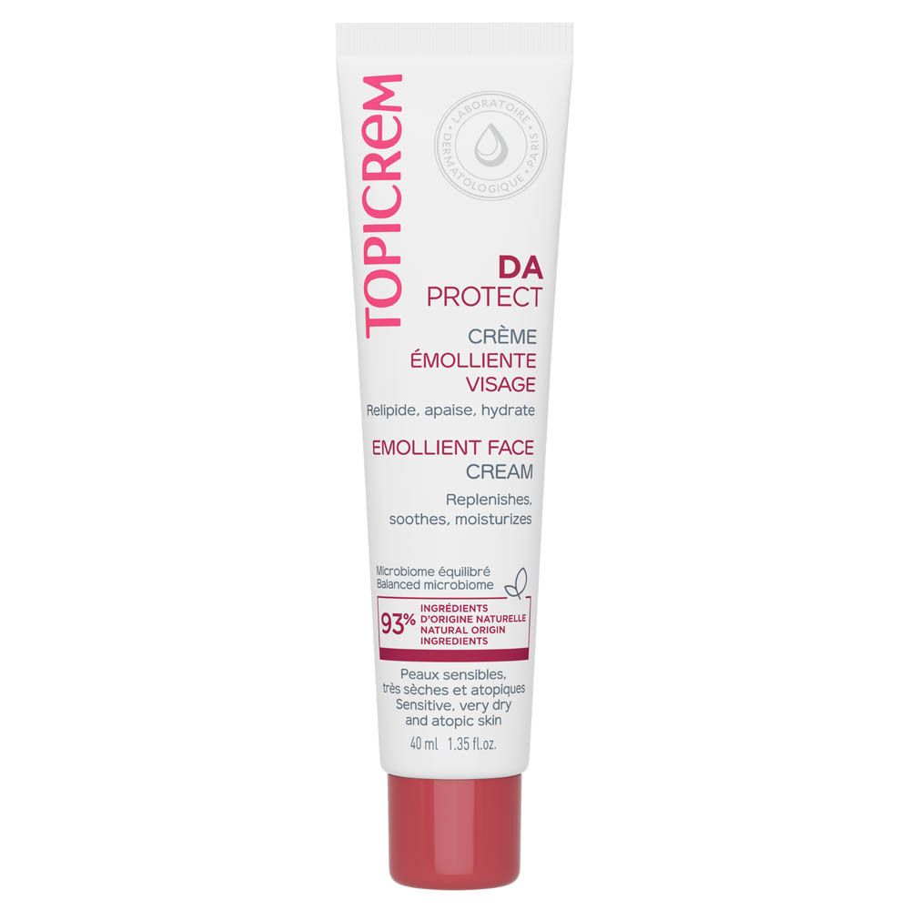 Weiße Tube mit rotem Verschluss. Produktname: TOPICREM. Text: DA Protect Crème Emolliente Visage, Emollient Face Cream. 40 ml.