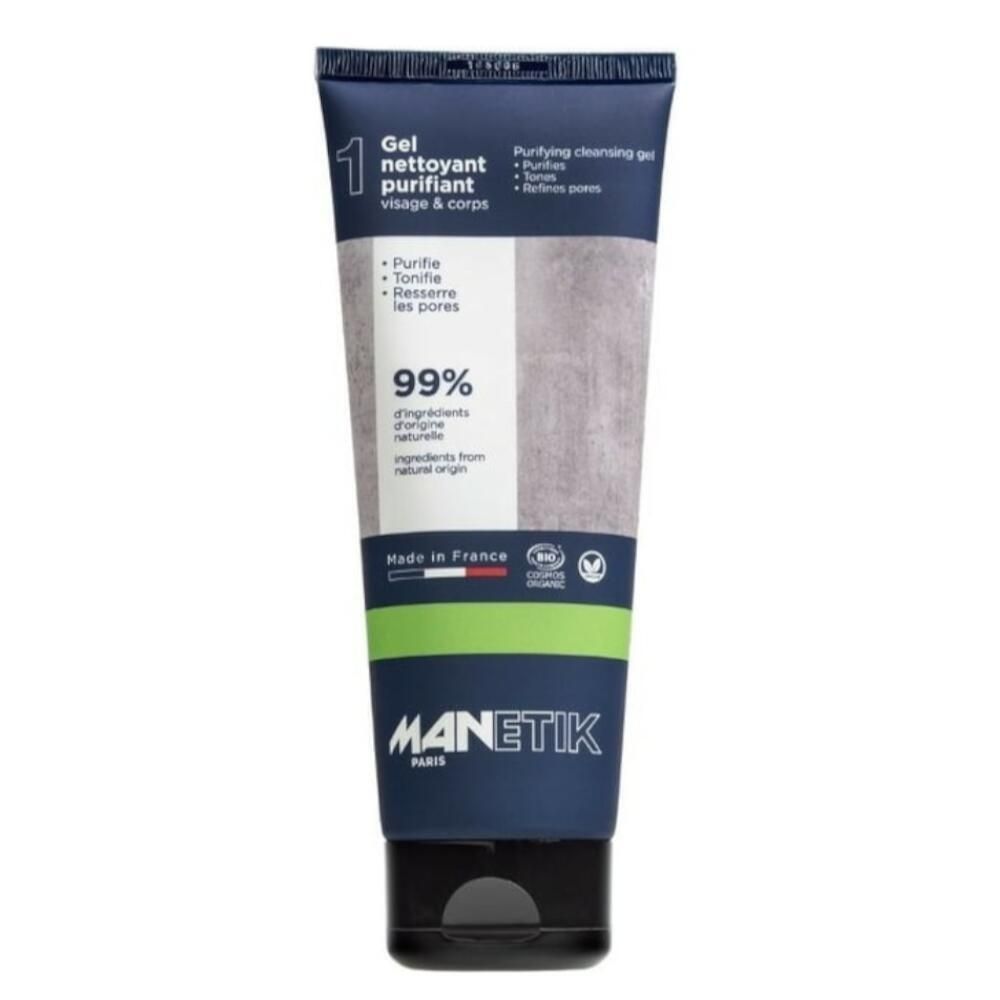 Tube mit Reinigungsgel. Blaue Tube mit grünem Streifen und weißem Etikett. Text: MANETIK, Gel nettoyant purifiant.