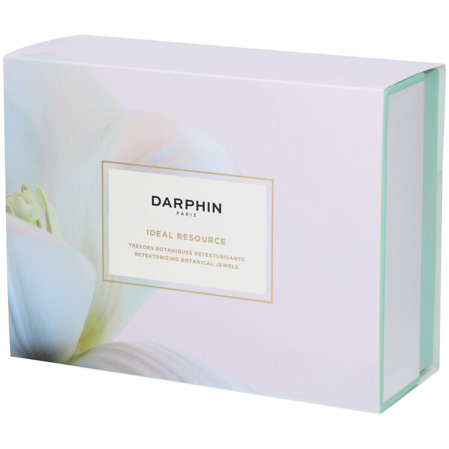 Weiße Geschenkbox mit floralem Hintergrund. Goldfarbener Rahmen mit Schriftzug DARPHIN und Produktbezeichnung.