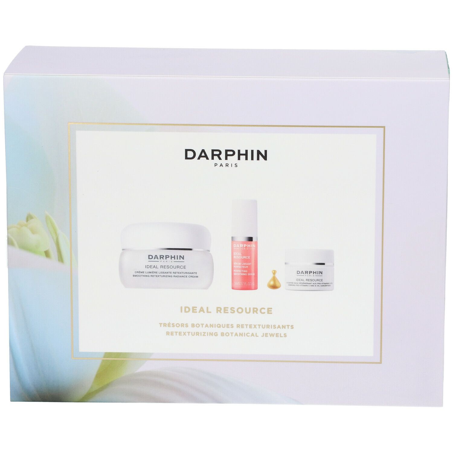 Geschenkset mit drei Kosmetikprodukten. Weißer Karton mit Produktabbildungen und Schriftzug DARPHIN.