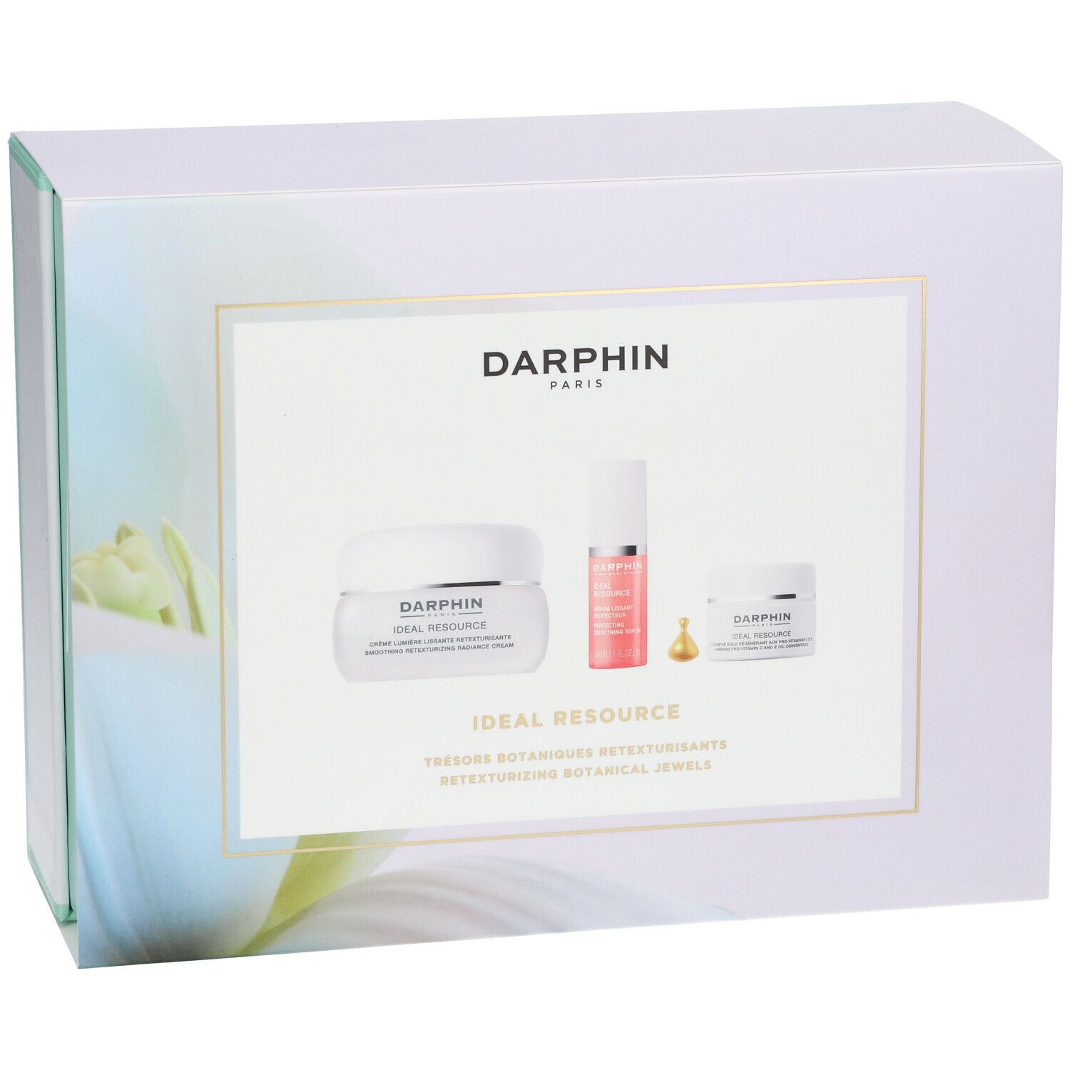 Geschenkset mit drei Kosmetikprodukten. Weißer Karton mit Produktabbildungen und Schriftzug DARPHIN.