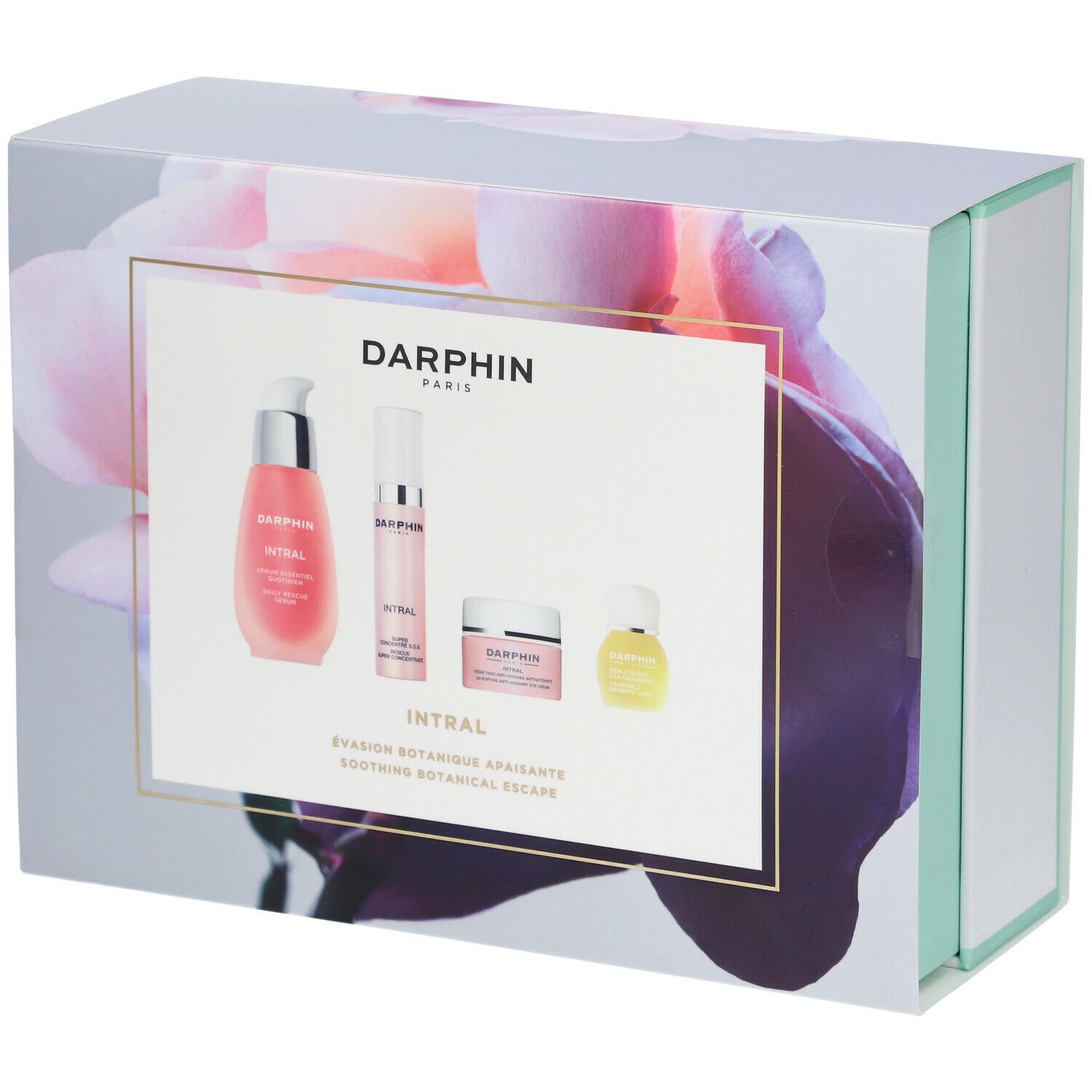Geschenkset mit vier Produkten. Rosa Flüssigkeiten und Cremes in weißen und durchsichtigen Behältern. Aufschrift: DARPHIN INTRAL.