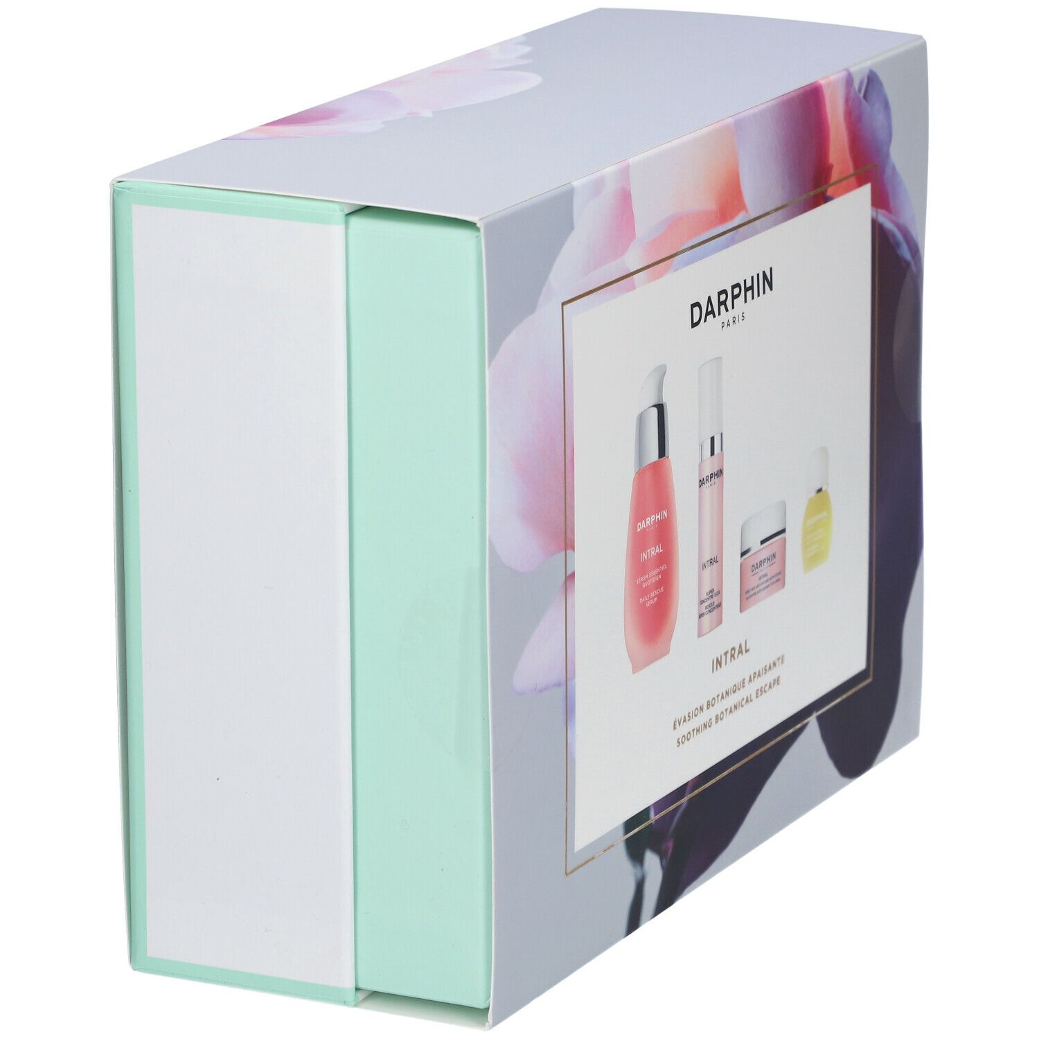 Geschenkbox mit floralem Design und vier Produkten. Aufschrift: DARPHIN. Rosa Flüssigkeiten und Cremes. Mintgrüne und weiße Akzente.