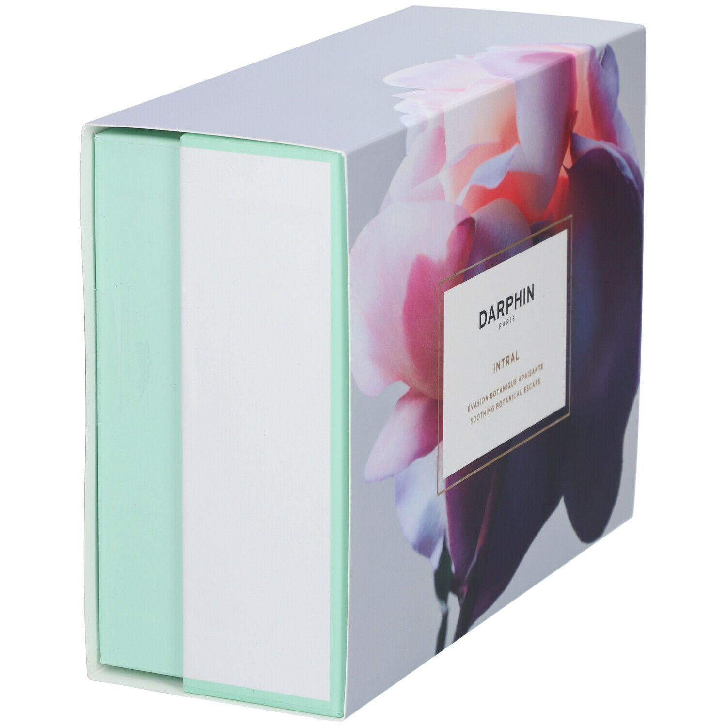 Geschenkbox mit floralem Design. Aufschrift: DARPHIN. Mintgrüne und weiße Akzente. Enthält vier Produkte, rosa Flüssigkeiten und Cremes.
