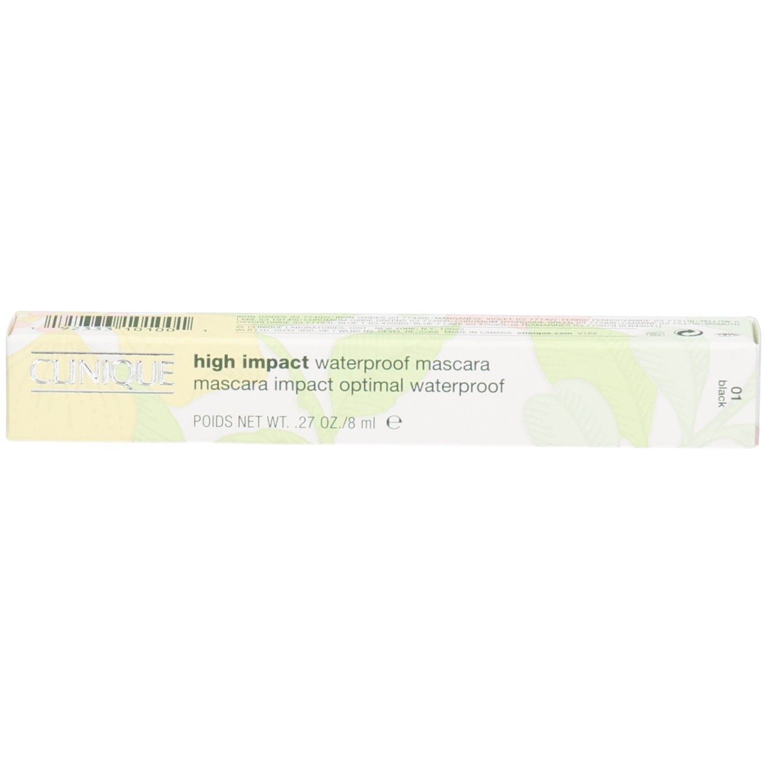 Verpackung für Kosmetikprodukt. Aufschrift CLINIQUE, high impact waterproof mascara.