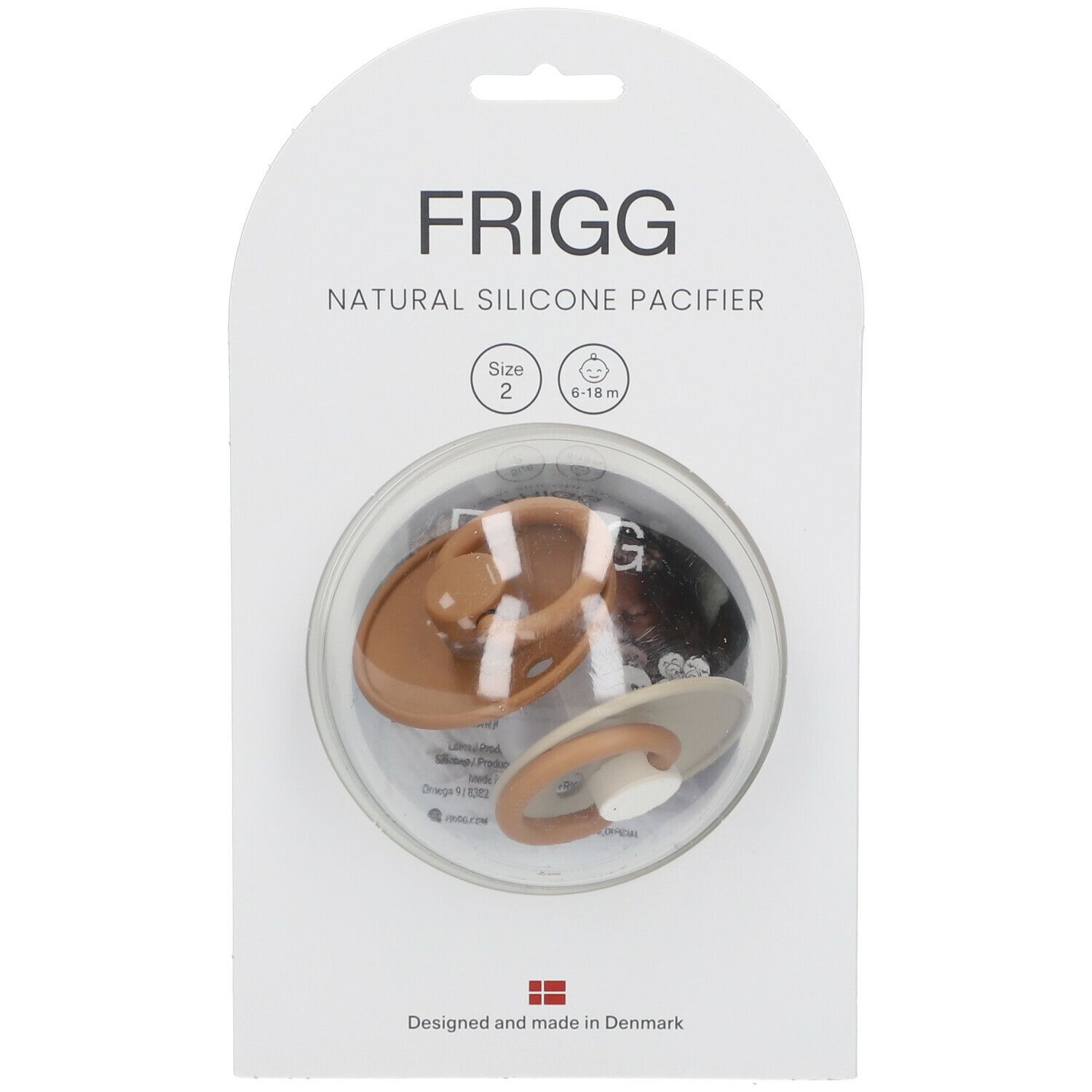 Verpackung mit zwei Schnullern. Marke FRIGG, Größe 2, 6-18 Monate. Natürliches Silikon. Hergestellt in Dänemark.