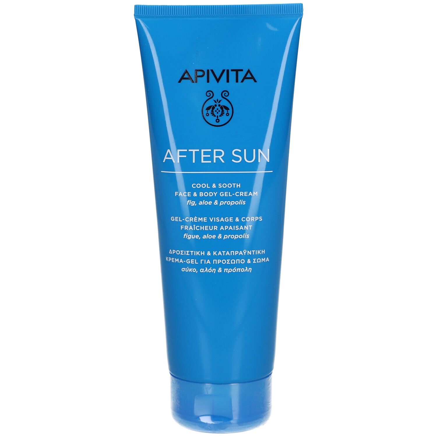 Blaue Tube mit weißer Schrift. "Apivita After Sun" und Produktbezeichnung. Gesicht & Körper Gel-Creme.