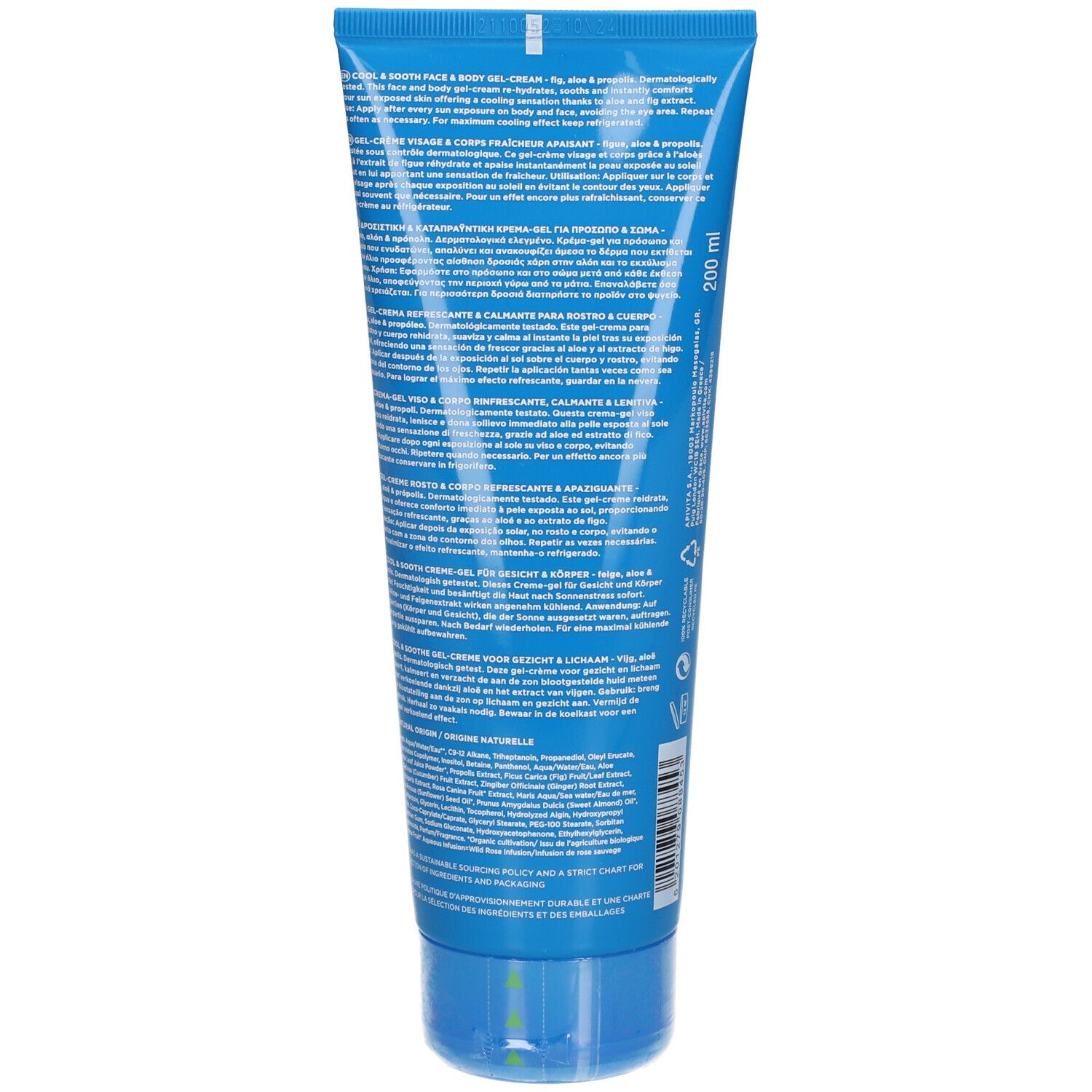 Rückseite der blauen Tube. Text in mehreren Sprachen. Produktinformationen und Inhaltsstoffe.