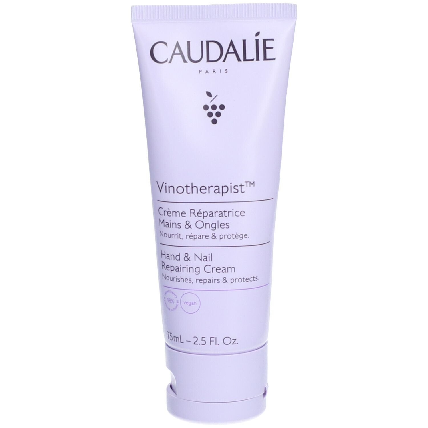 Creme-Tube, hellviolett. Aufschrift: CAUDALIE, Vinotherapist, Hand & Nail Repairing Cream. Vegan-Siegel.