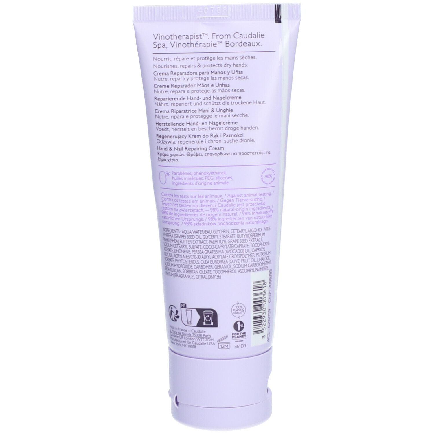 Rückseite der Creme-Tube. Text: Vinotherapist, Hand & Nail Repairing Cream. Vegan-Siegel. Inhaltsstoffe und Herstellerinformationen.