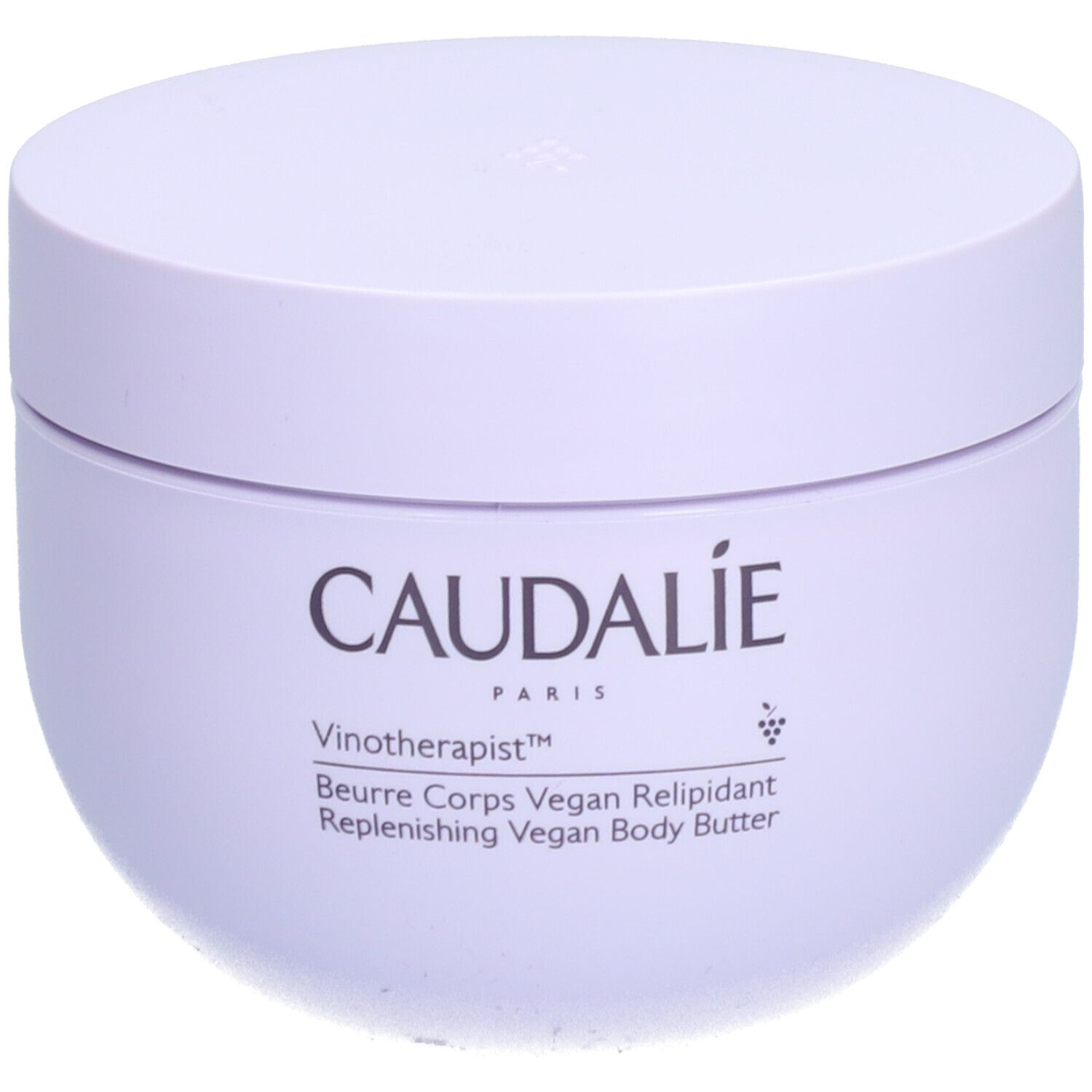 Helllila Tiegel mit Deckel. Aufschrift: CAUDALIE, Vinotherapist, Beurre Corps Vegan Relipidant. Vegan Body Butter.