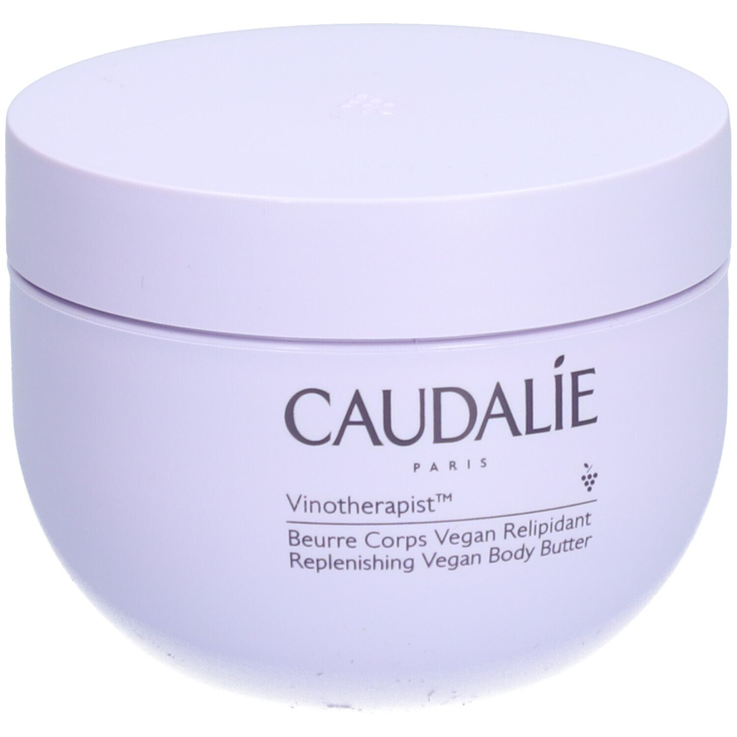 Helllila Tiegel mit Deckel. Aufschrift: CAUDALIE, Vinotherapist, Beurre Corps Vegan Relipidant. Vegan Body Butter.