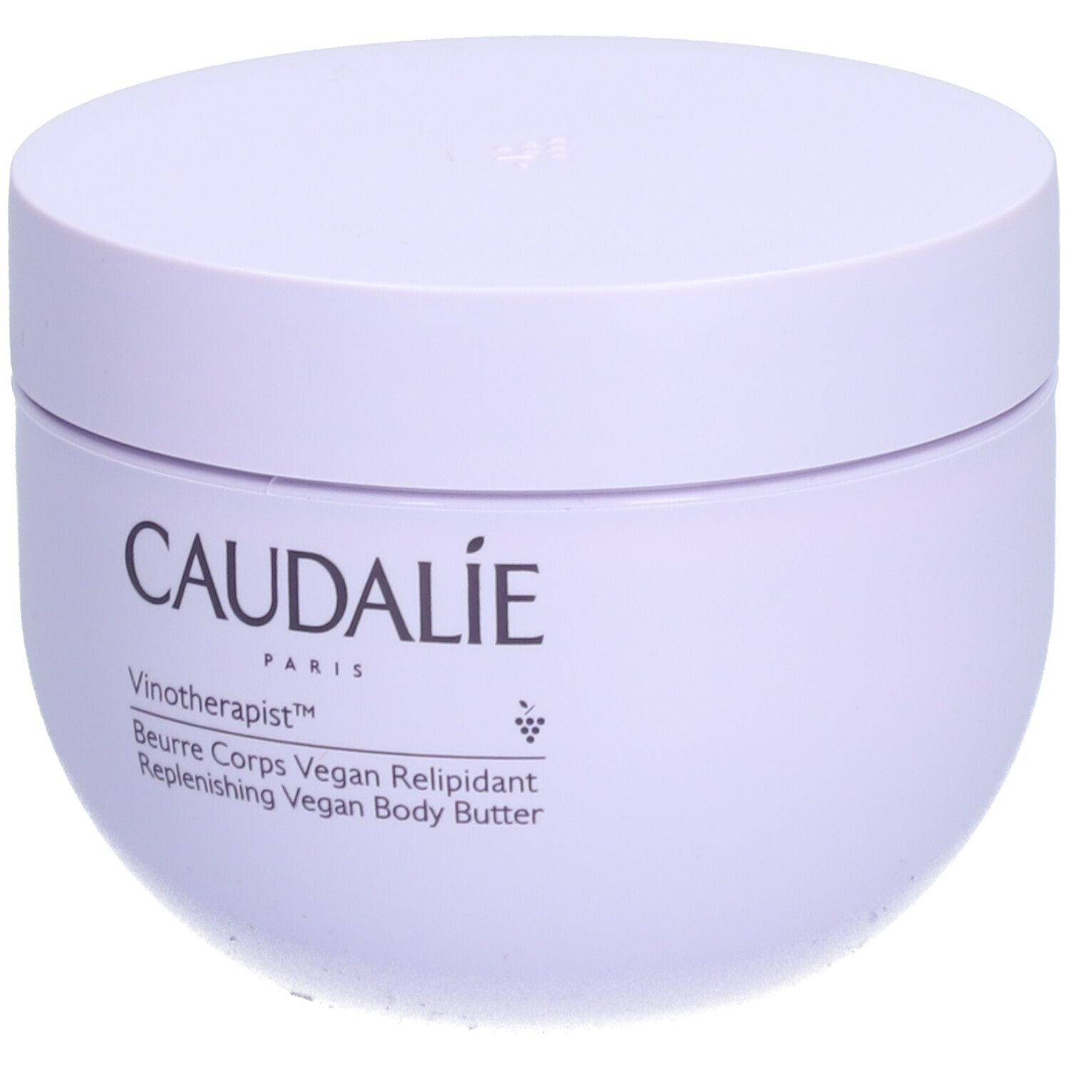 Helllila Tiegel mit Deckel. Aufschrift: CAUDALIE, Vinotherapist, Beurre Corps Vegan Relipidant. Vegan Body Butter.