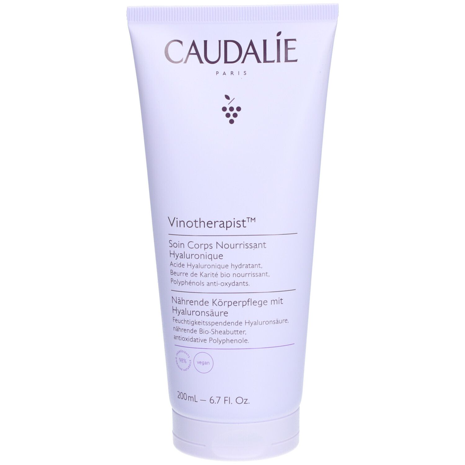 Weiße Tube mit CAUDALIE-Logo und Produktbezeichnung Vinotherapist™. Enthält Hyaluronsäure und Sheabutter. 200ml.