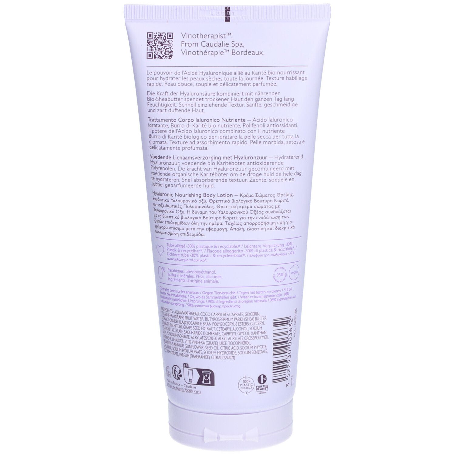 Rückseite der weißen CAUDALIE Vinotherapist™ Tube. Text und QR-Code. Enthält Informationen über Inhaltsstoffe und Hersteller.