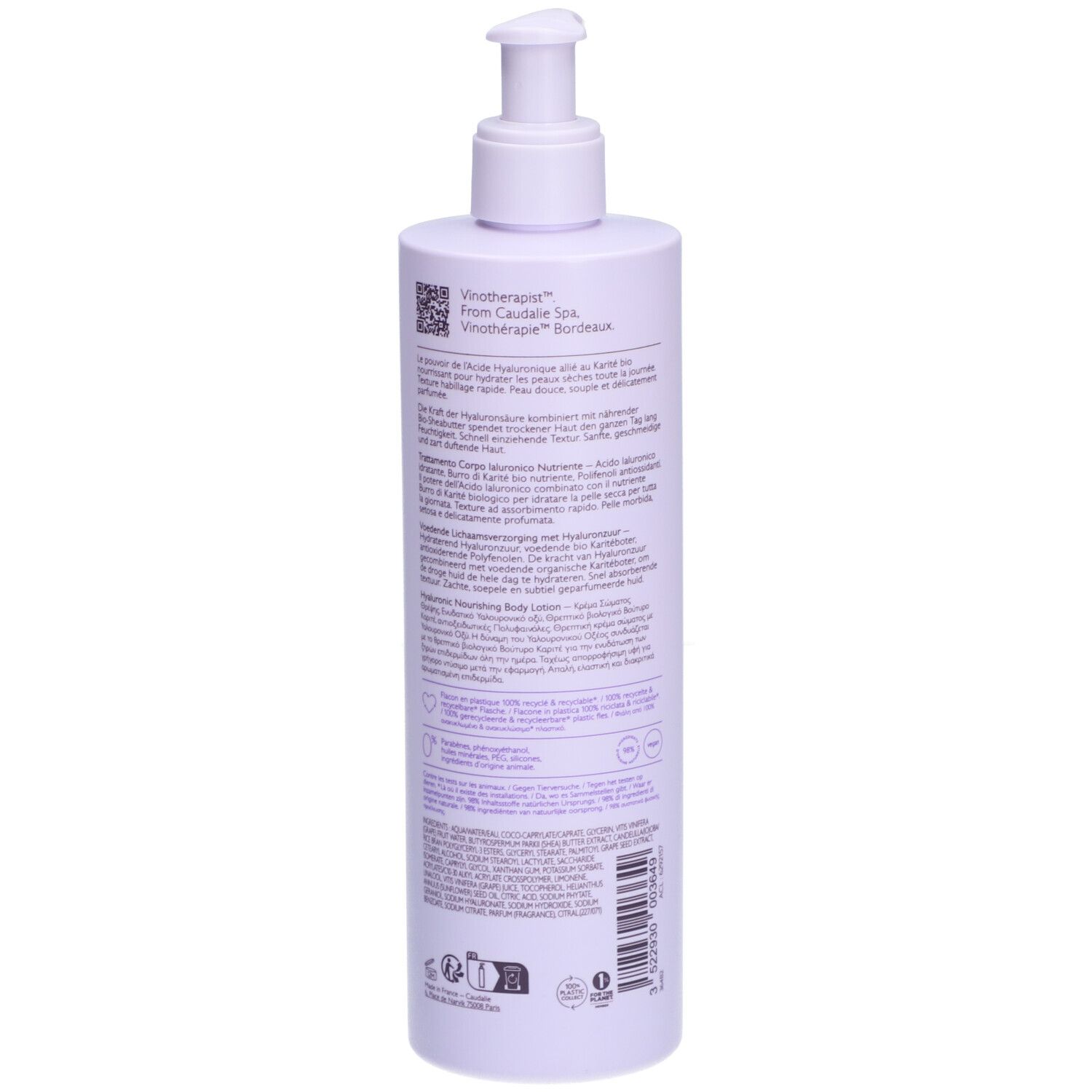 Rückseite der Flasche Caudalíe Vinotherapist. Text in mehreren Sprachen. Barcode und Logos.