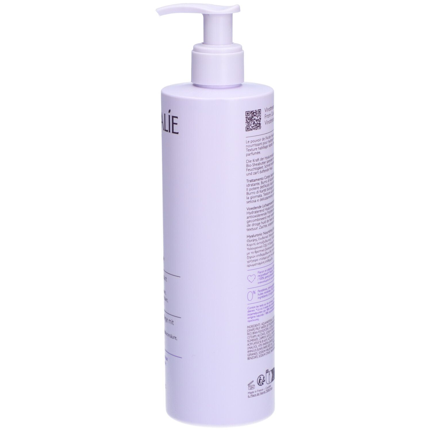 Rückseite der Flasche Caudalíe Vinotherapist. Text in mehreren Sprachen. Barcode und Logos.