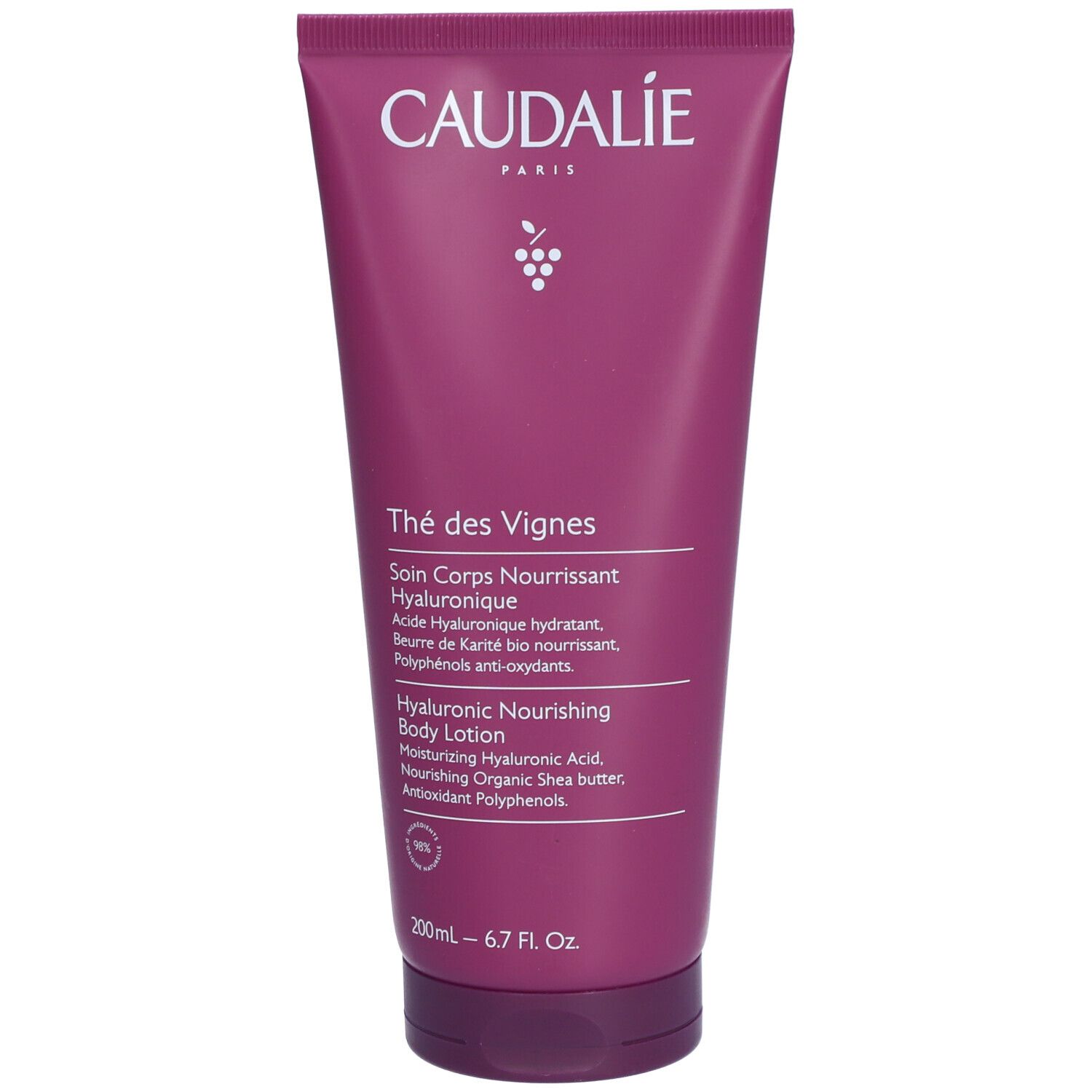 Flasche CAUDALIE Thé des Vignes. Lila Tube mit weißer Schrift. Produktname und Inhaltsstoffe.