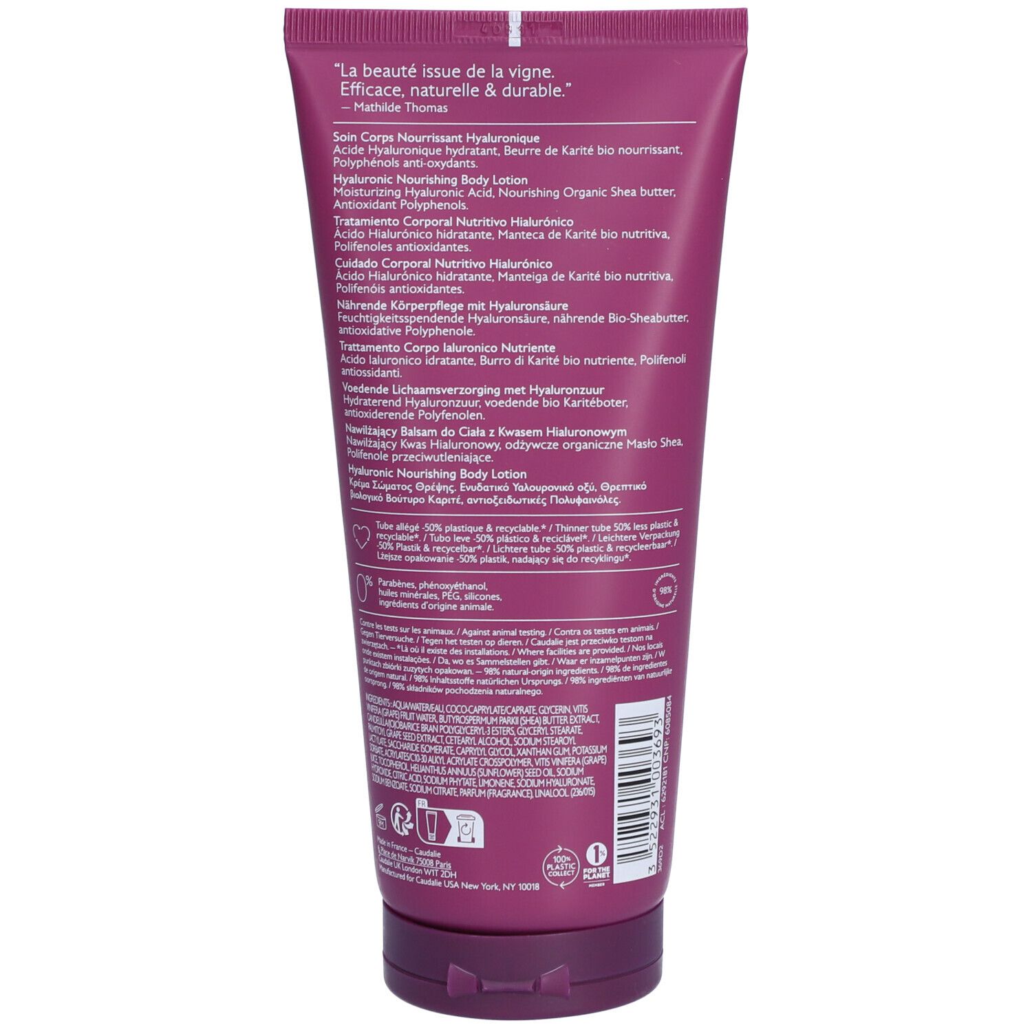 Rückseite der CAUDALIE Thé des Vignes Tube. Text in mehreren Sprachen. Informationen zu Inhaltsstoffen und Recycling.