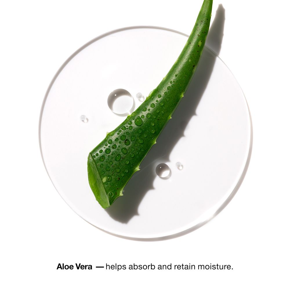 Aloe Vera-Blatt auf weißem Untergrund. Tropfen um das Blatt. Text: Aloe Vera hilft, Feuchtigkeit zu absorbieren und zu speichern.