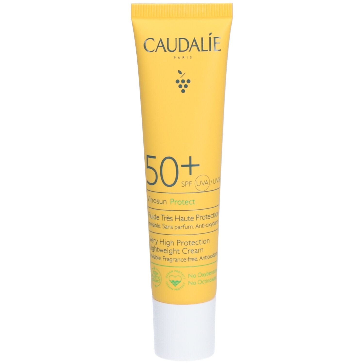Gelbe Tube mit weißem Verschluss. Aufschrift Caudalie, 50+ SPF, Vinosun Protect. Text in Englisch und Französisch.