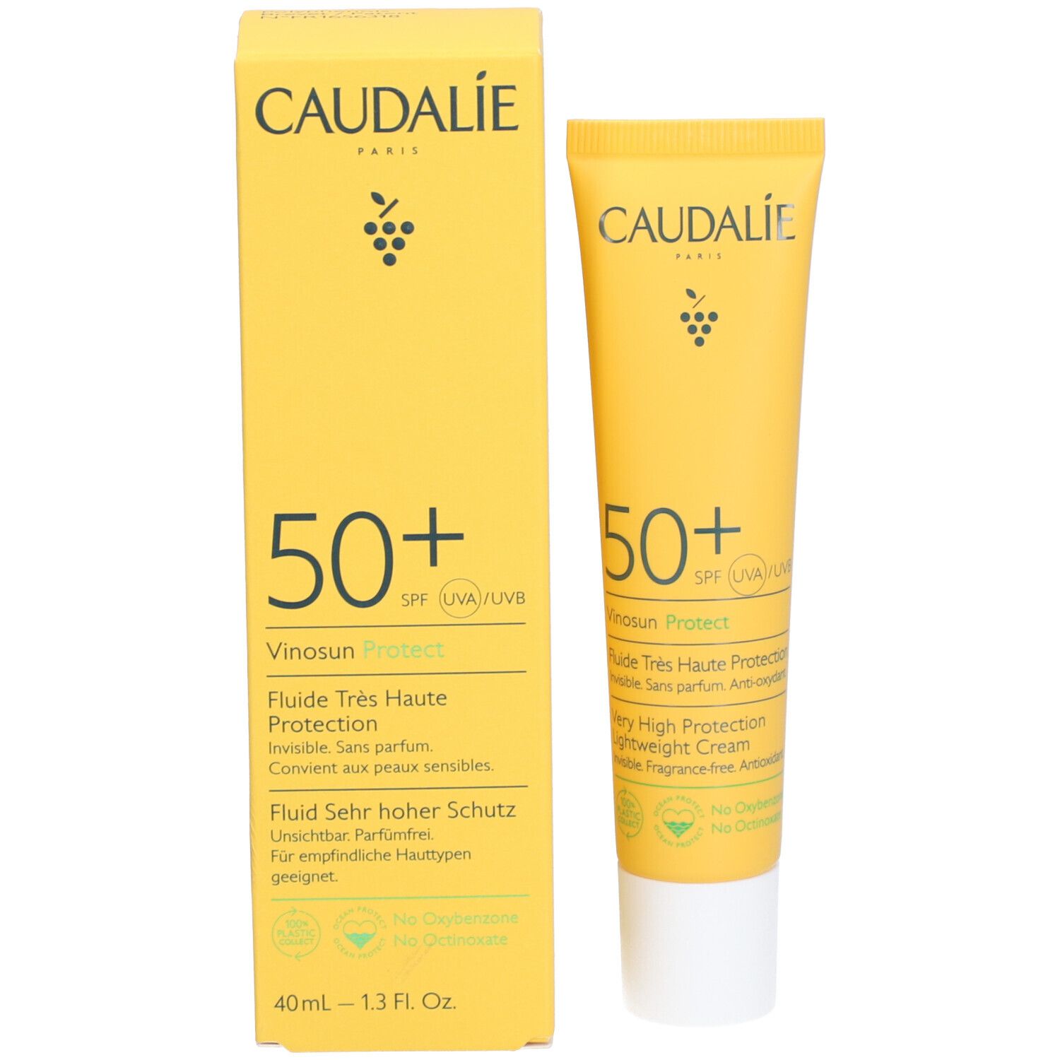 Gelbe Schachtel und Tube. Aufschrift Caudalie, 50+ SPF, Vinosun Protect. Text in Englisch, Französisch und Deutsch.