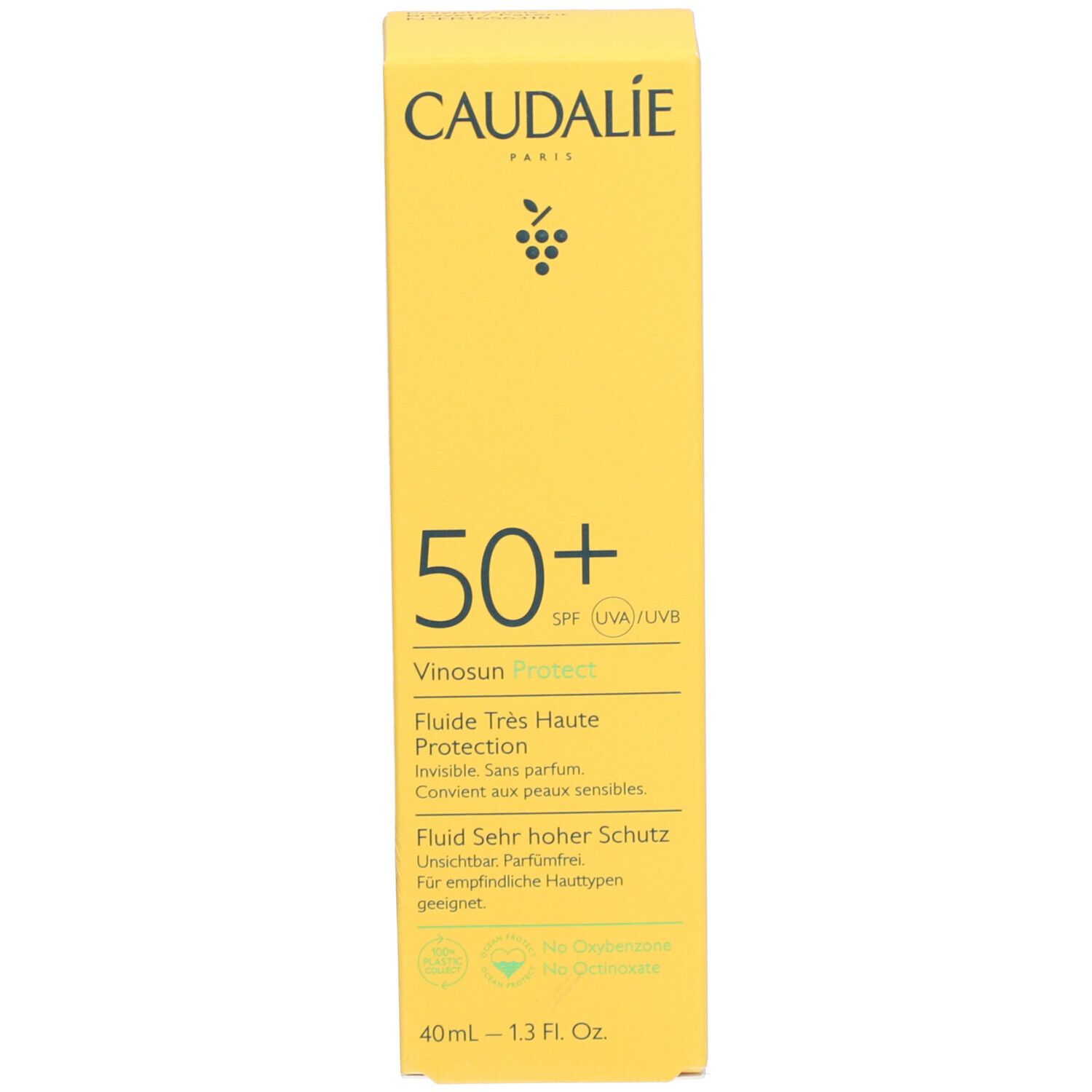Gelbe Schachtel mit Aufschrift Caudalie, 50+ SPF, Vinosun Protect. Text in Englisch, Französisch und Deutsch.
