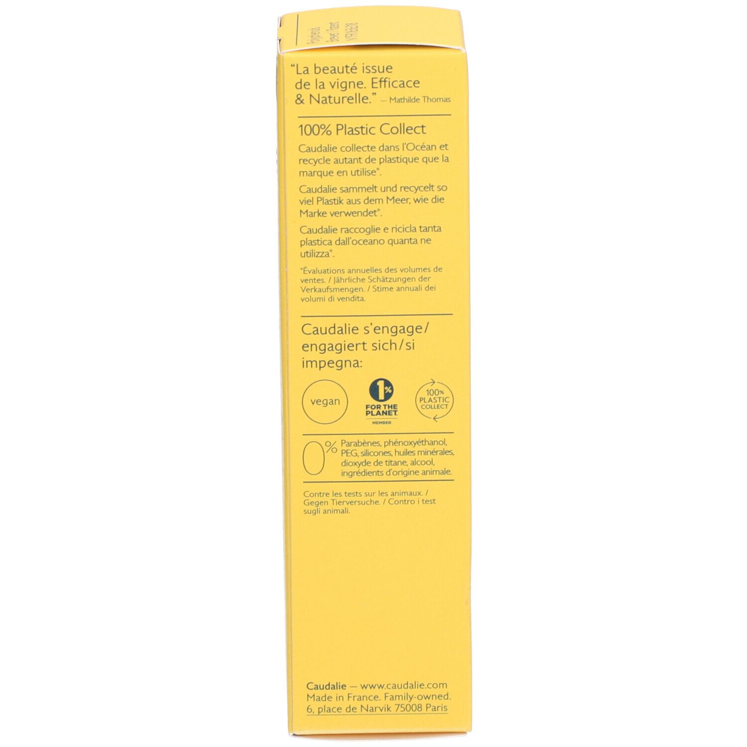 Gelbe Schachtel, Text in Französisch. Logos für Vegan, 1 Planet und 100% Plastic Collect.