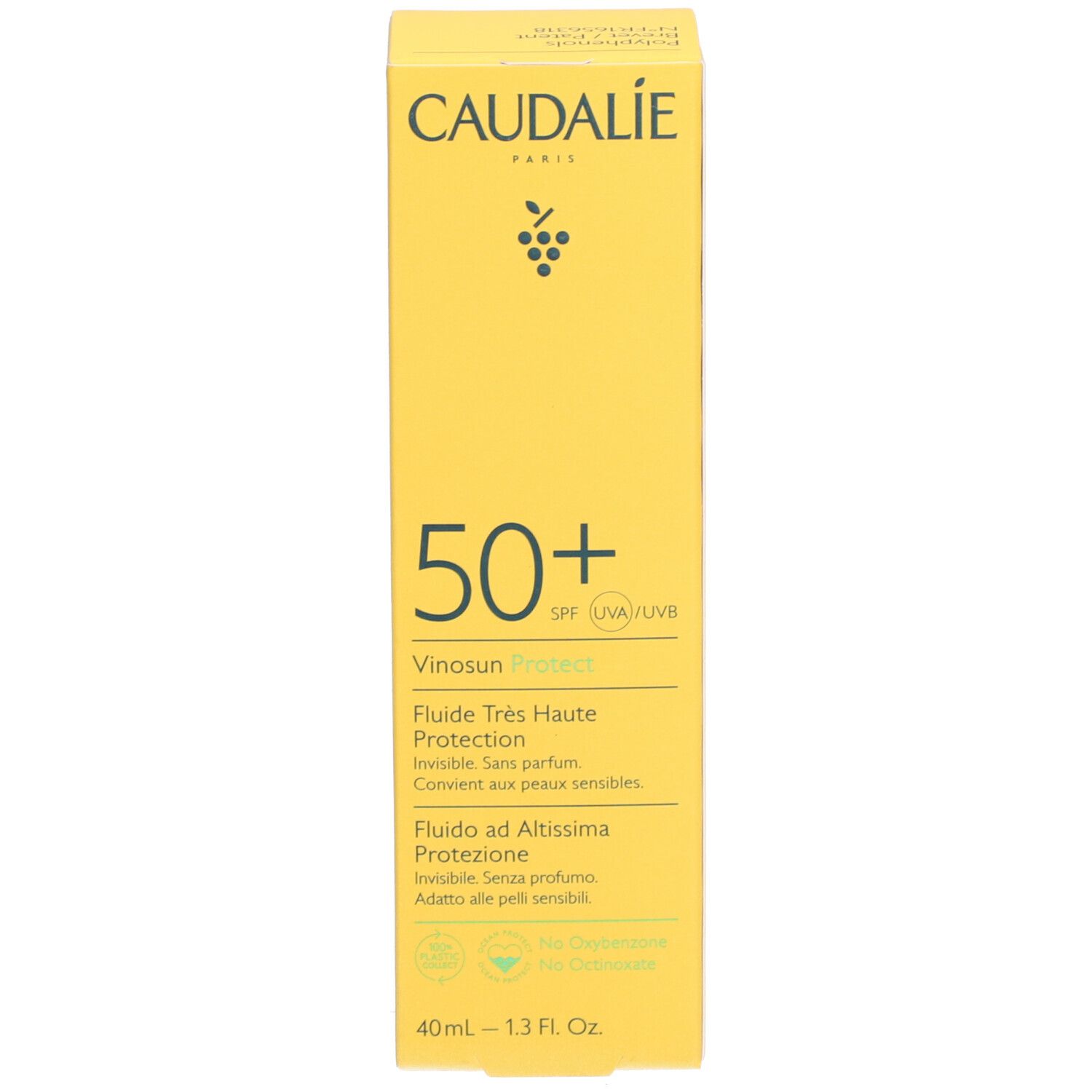 Gelbe Schachtel mit Aufschrift Caudalie, 50+ SPF, Vinosun Protect. Text in Englisch, Französisch und Italienisch.