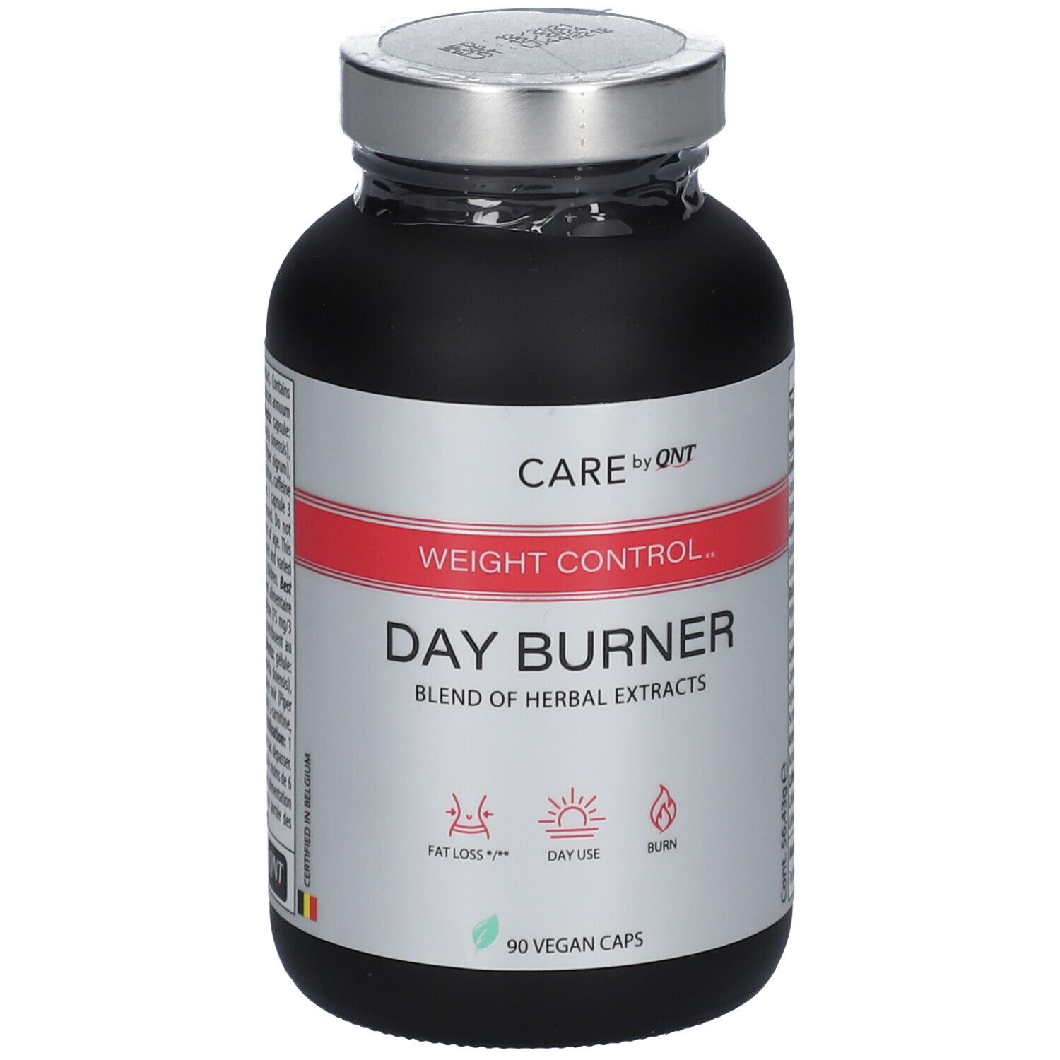 Schwarze Flasche mit silbernem Deckel. Aufschrift: Care by QNT, Weight Control, Day Burner, 90 vegane Kapseln.