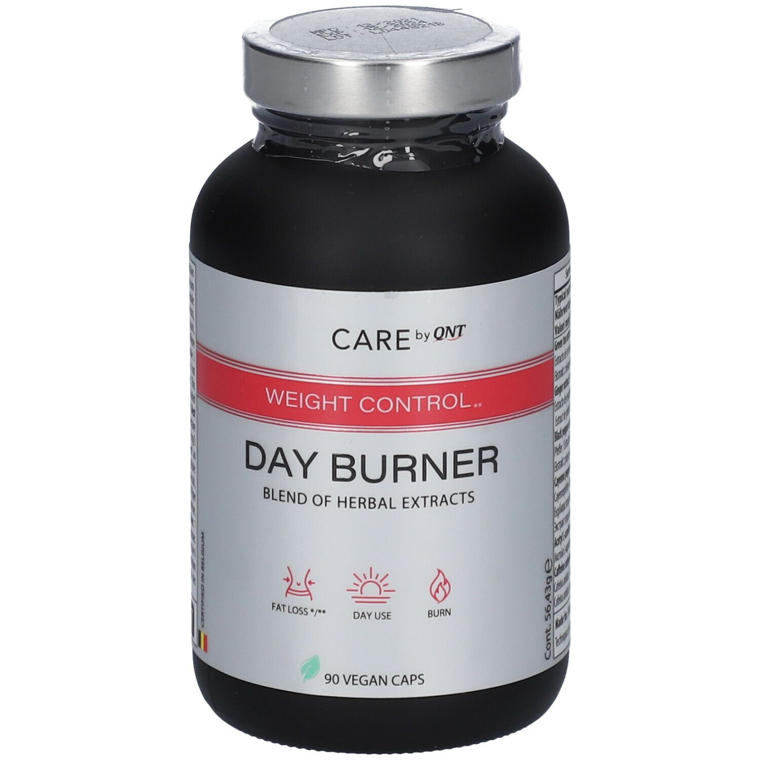 Schwarze Flasche mit silbernem Deckel. Aufschrift: Care by QNT, Weight Control, Day Burner, 90 vegane Kapseln.