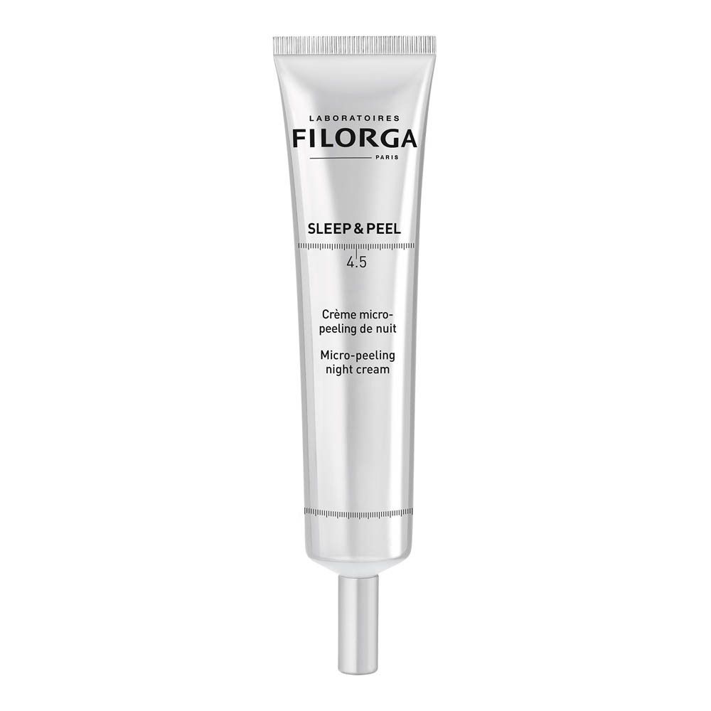 Silberne Tube Filorga Sleep & Peel 4.5. Text: Crème micro-peeling de nuit. Mit Applikator.