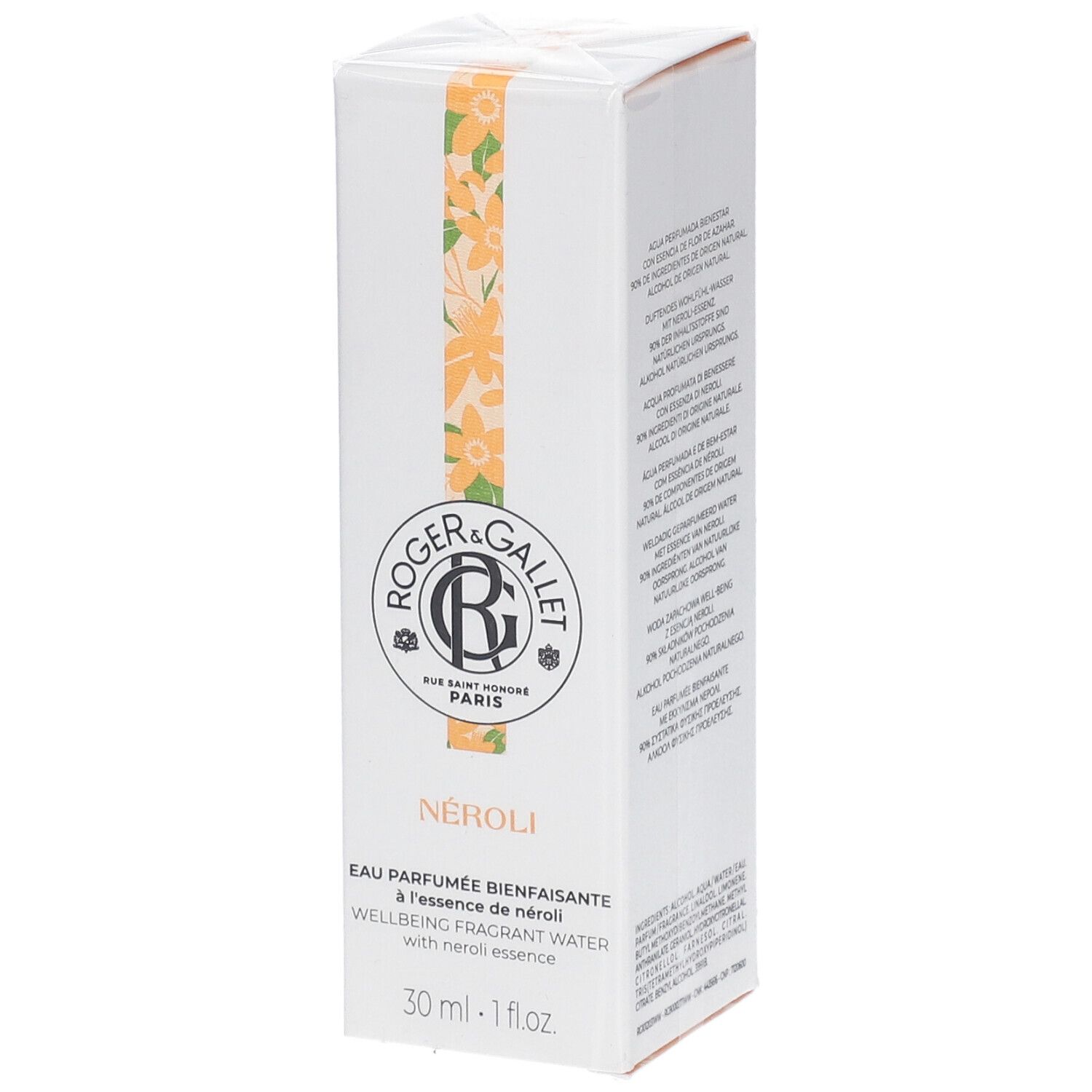 Weiße Schachtel mit gelbem Blumendekor. Text: NÉROLI, Eau Parfumée, Roger & Gallet. 30 ml.