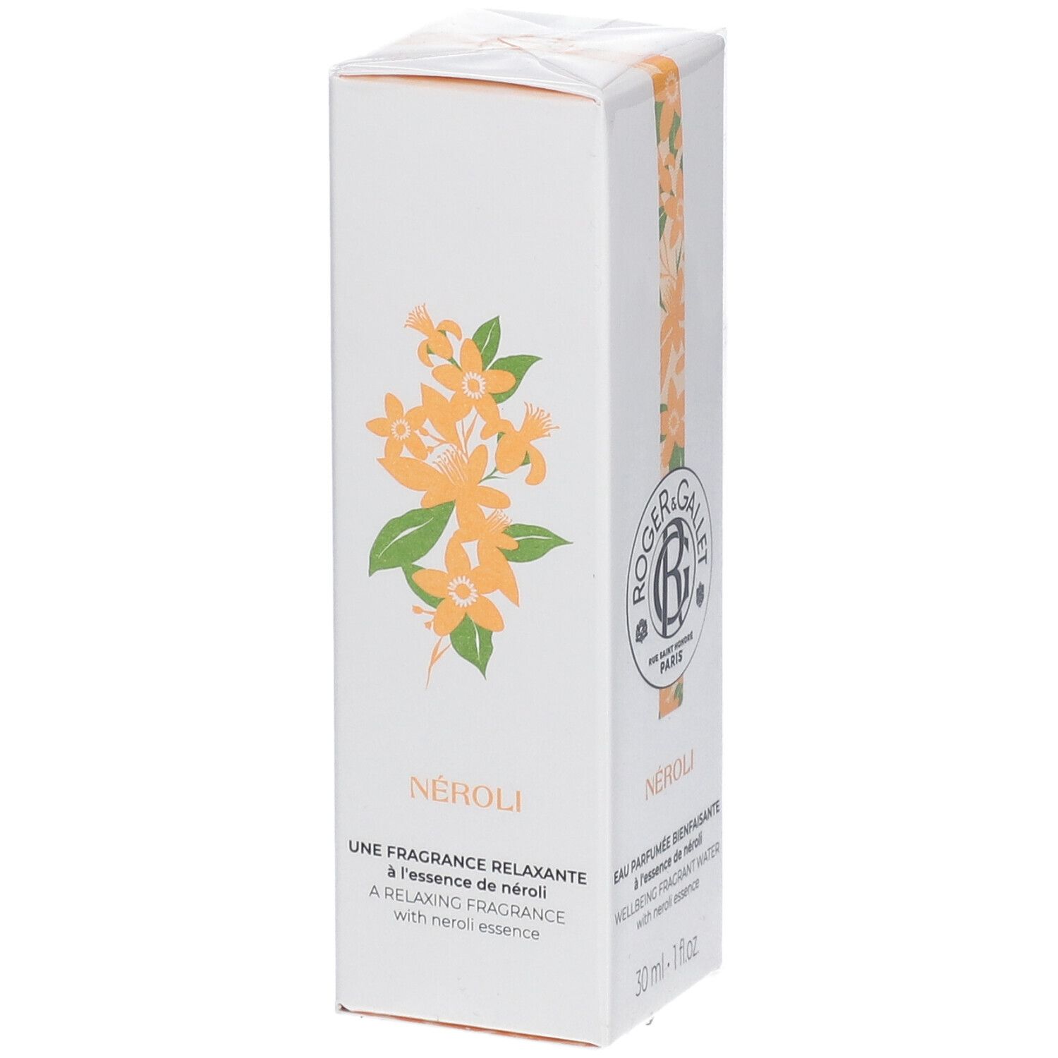 Weiße Schachtel mit gelben Blüten. Text: NÉROLI, Une Fragrance Relaxante, Roger & Gallet.