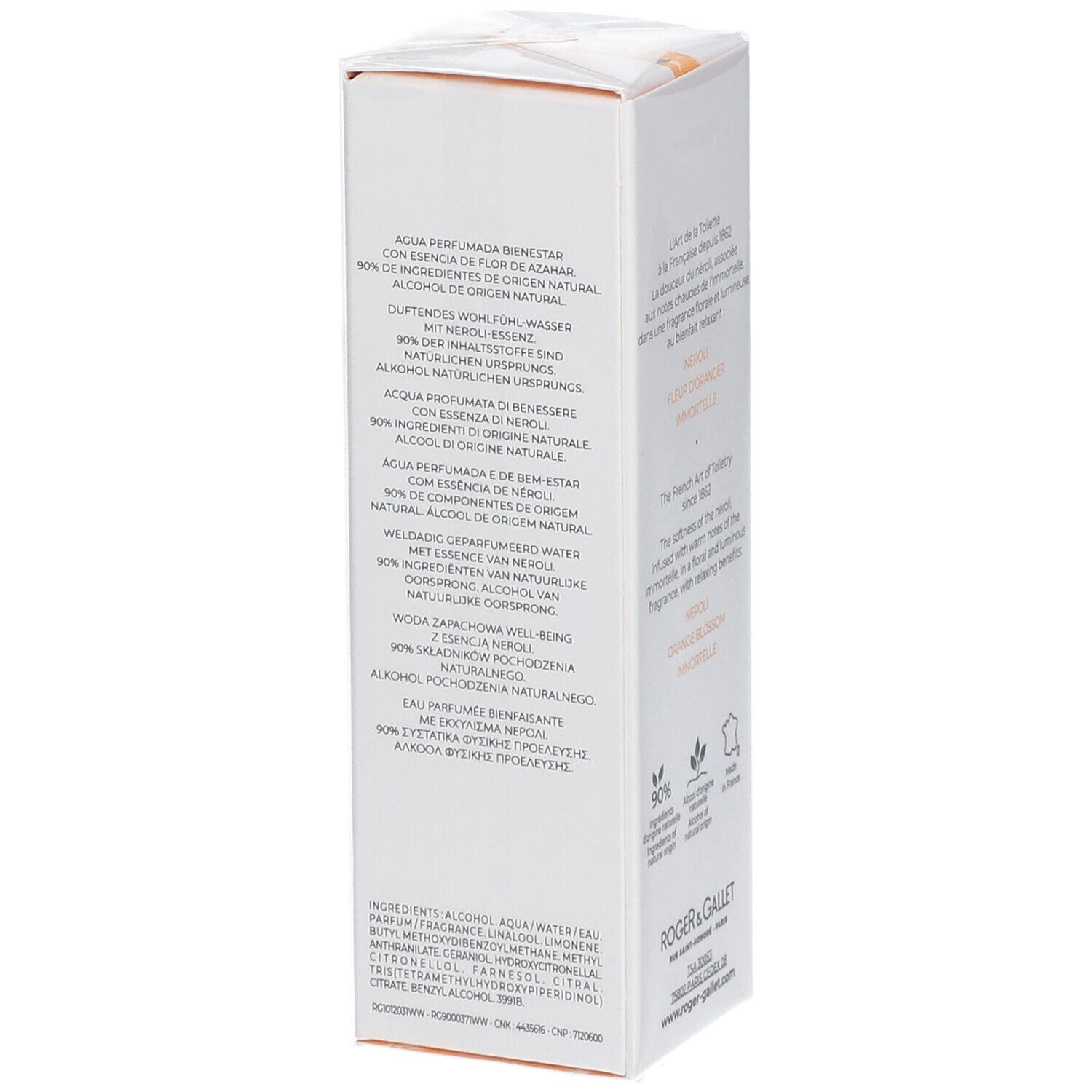 Weiße Schachtel, Text: NÉROLI, Roger & Gallet. Rückseite mit Text und Logos, 90% Inhaltsstoffe natürlichen Ursprungs.