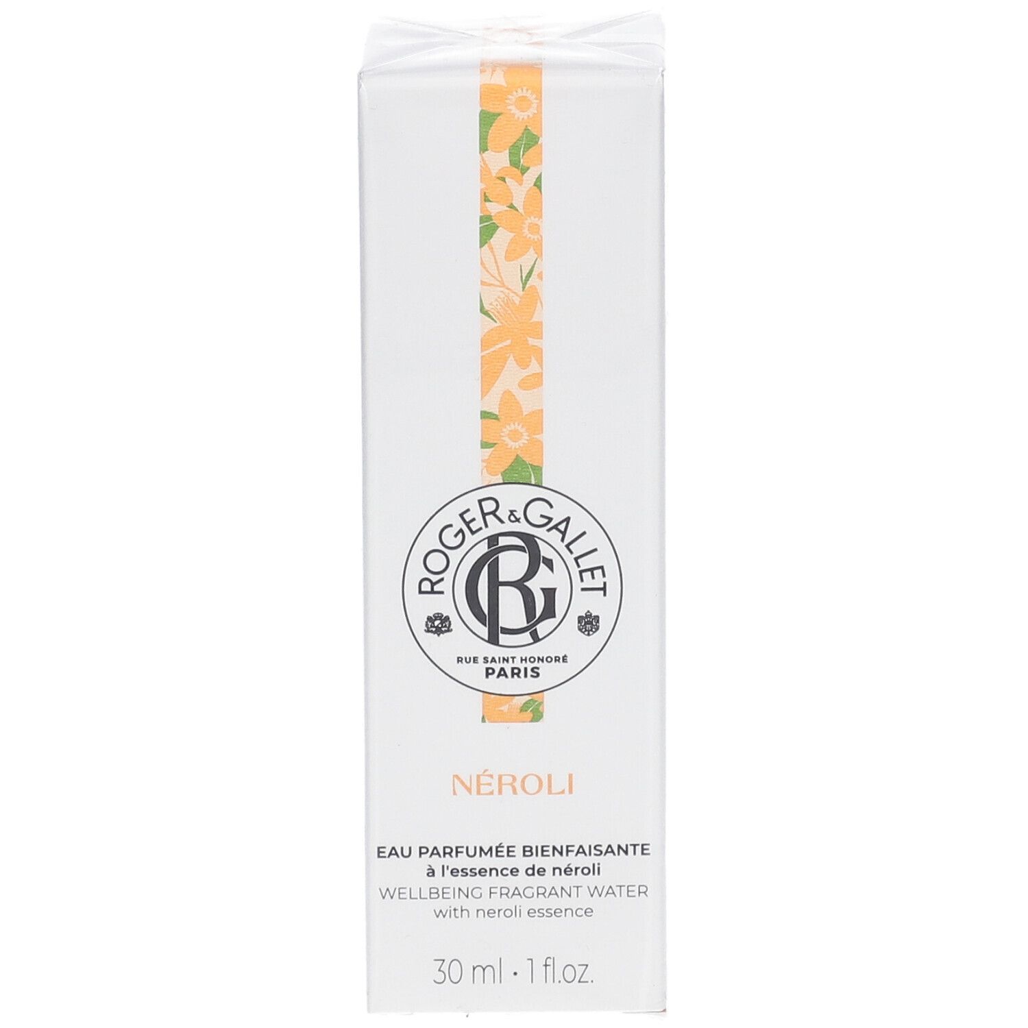 Weiße Schachtel mit gelbem Blumendekor. Text: NÉROLI, Eau Parfumée, Roger & Gallet. 30 ml.