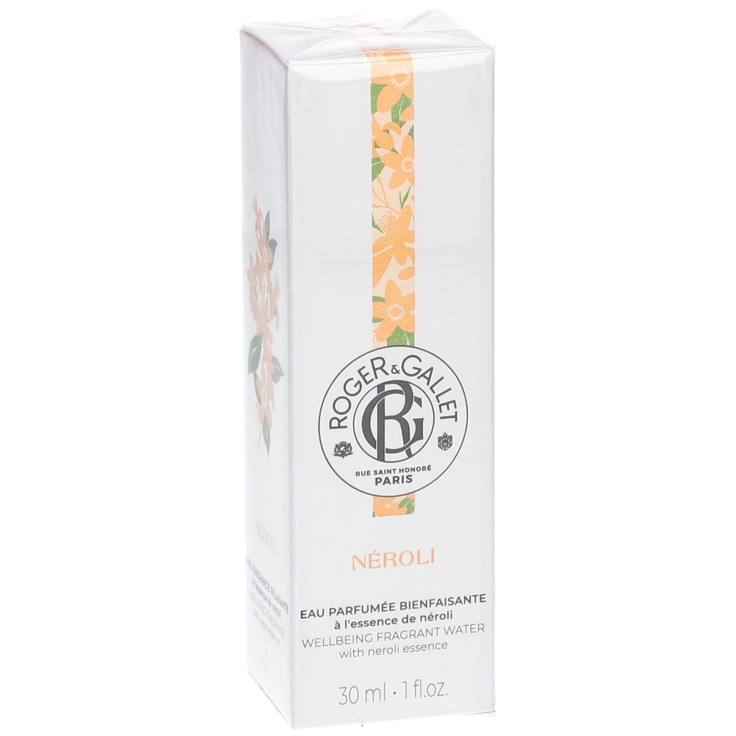 Weiße Schachtel mit gelbem Blumendekor. Text: NÉROLI, Eau Parfumée, Roger & Gallet. 30 ml.