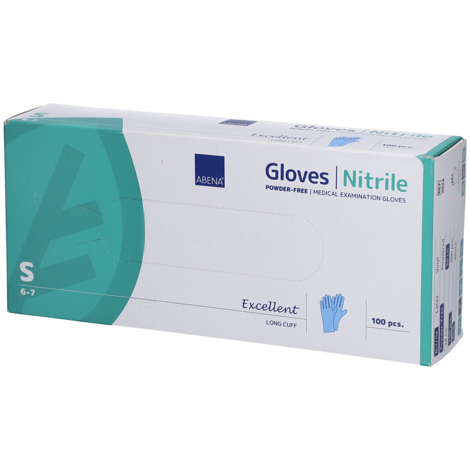 ABENA-Handschuhbox. Aufschrift: Gloves Nitrile, S, 6-7, 100 Stück. Blaue Handschuh-Abbildung. Grün-weiße Verpackung.
