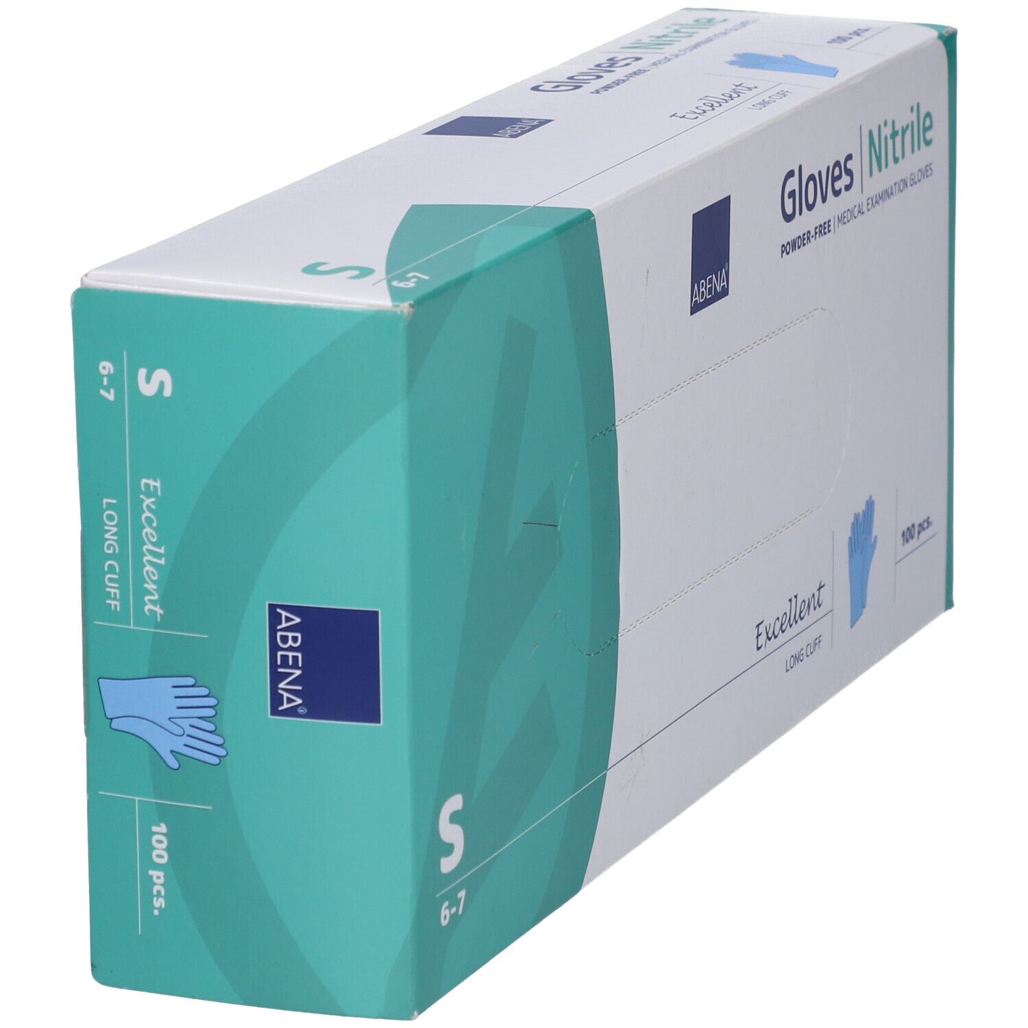 ABENA-Handschuhbox. Aufschrift: Gloves Nitrile, S, 6-7, 100 Stück. Blaue Handschuh-Abbildung. Grün-weiße Verpackung.