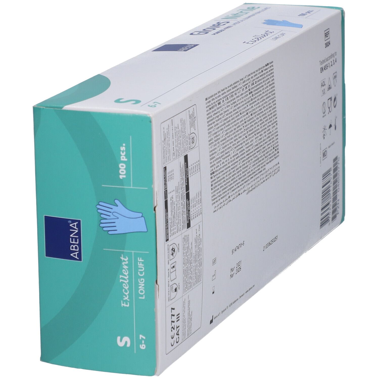 ABENA-Handschuhbox. Aufschrift: Gloves Nitrile, S, 6-7, 100 Stück. Blaue Handschuh-Abbildung. Grün-weiße Verpackung.