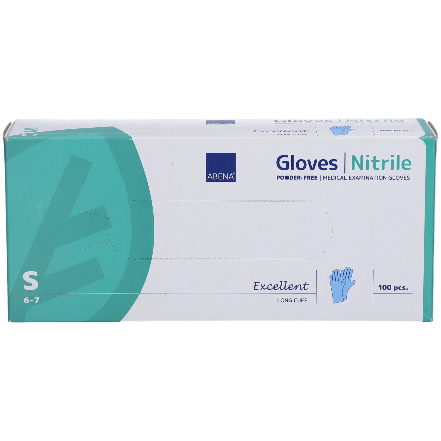 ABENA-Handschuhbox. Aufschrift: Gloves Nitrile, S, 6-7, 100 Stück. Blaue Handschuh-Abbildung. Grün-weiße Verpackung.