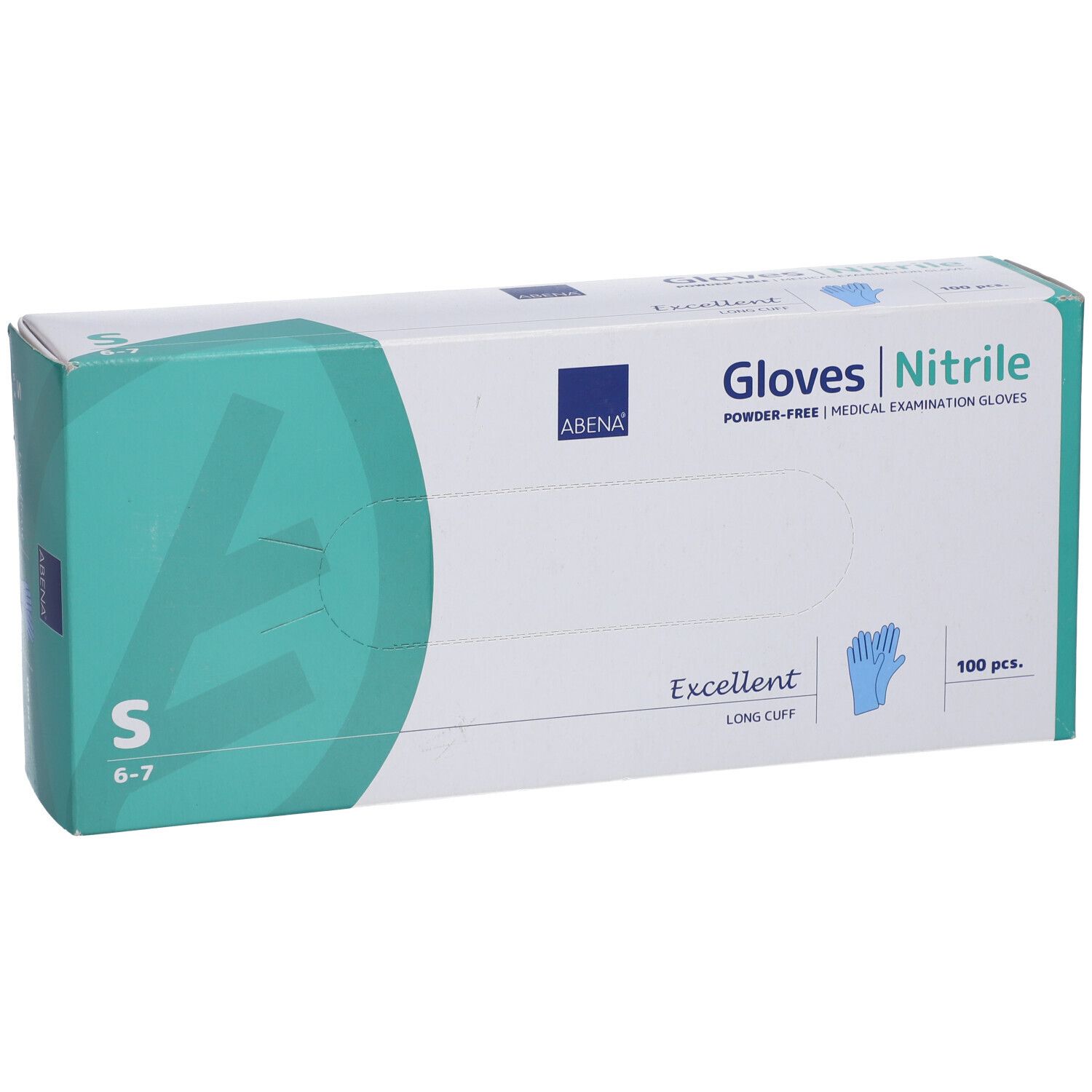 ABENA-Handschuhbox. Aufschrift: Gloves Nitrile, S, 6-7, 100 Stück. Blaue Handschuh-Abbildung. Grün-weiße Verpackung.