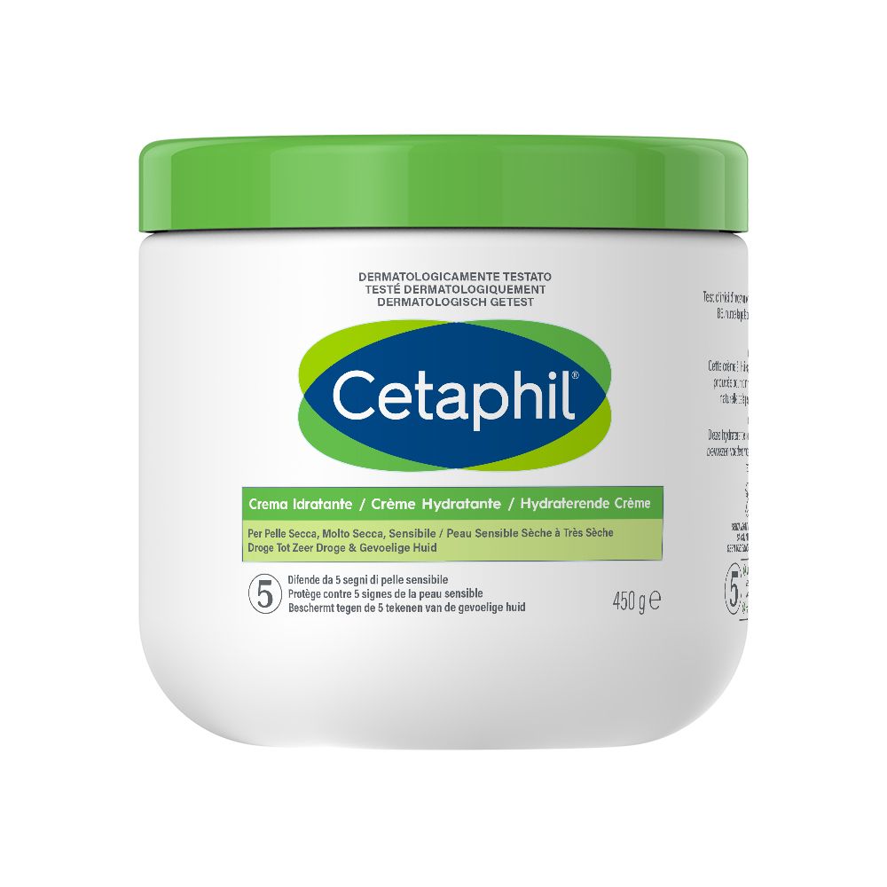 Weißer Tiegel mit grünem Deckel. Aufschrift Cetaphil. Text: Crème Hydratante. 450g.