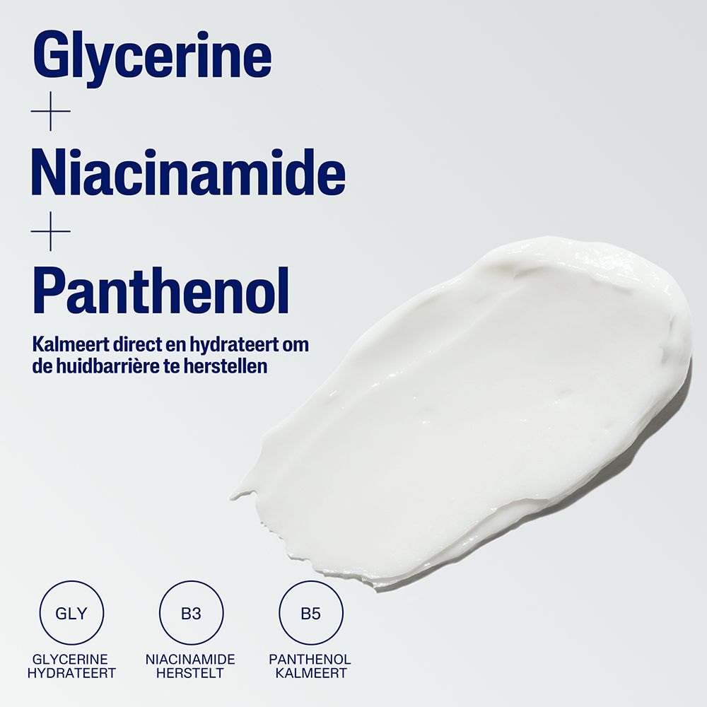 Inhaltsstoffe: Glycerin, Niacinamid, Panthenol. Text: Beruhigt und spendet Feuchtigkeit, um die Hautbarriere wiederherzustellen.