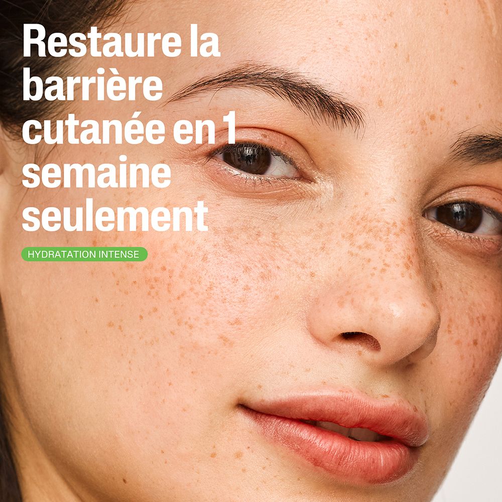 Nahaufnahme eines Gesichts. Text: Stellt die Hautbarriere in nur 1 Woche wieder her. Hydratation intense.