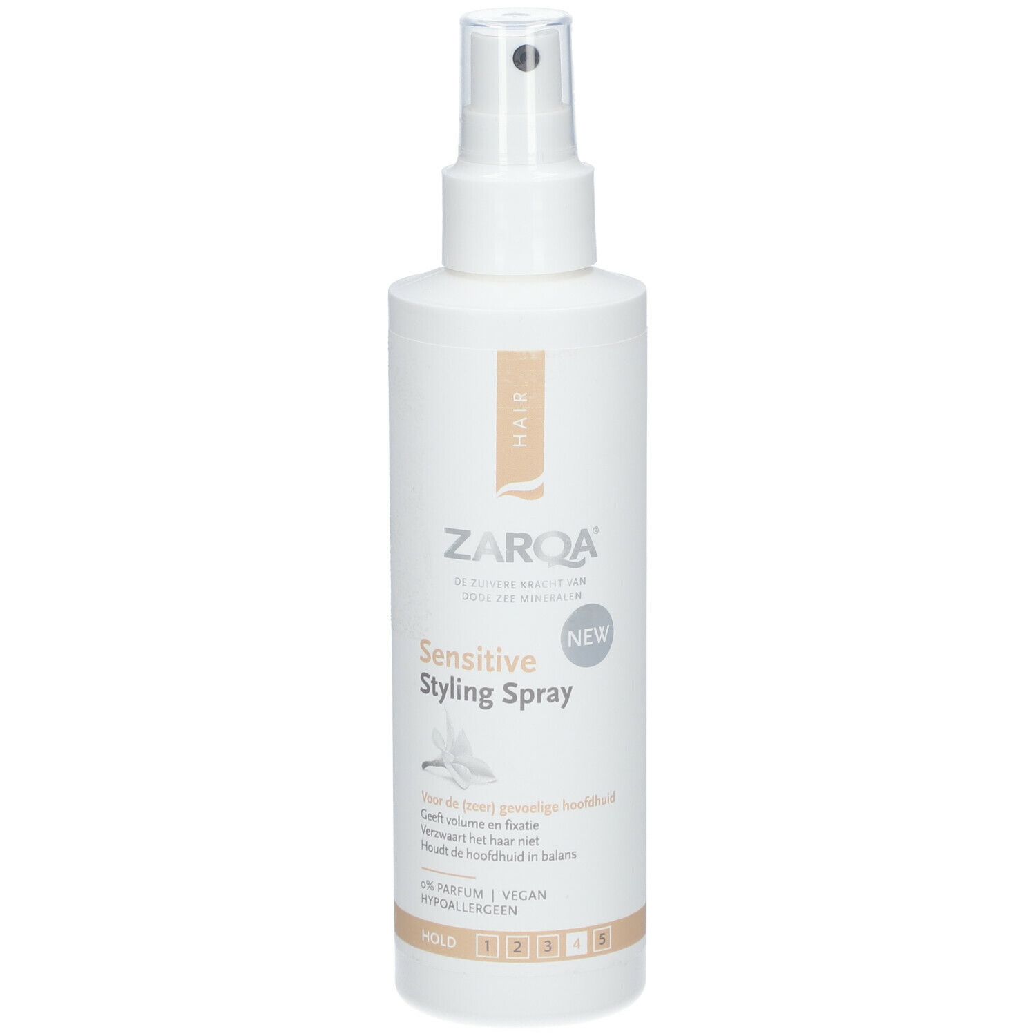 ZARQA Sensitiv-Spray Coiffant. Weiße Flasche mit Sprühkopf. Aufschrift: Sensitive Styling Spray, NEW. Vegan.