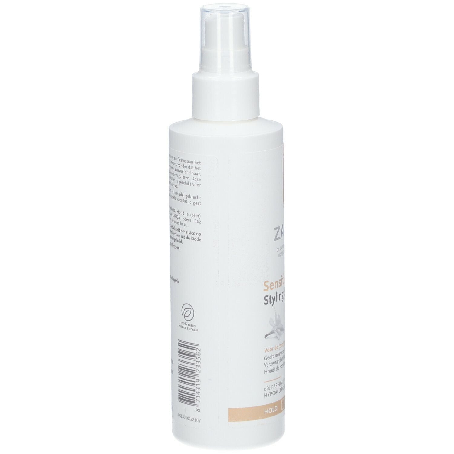 ZARQA Sensitiv-Spray Coiffant. Weiße Flasche mit Text. Vegan-Logo. Barcode.